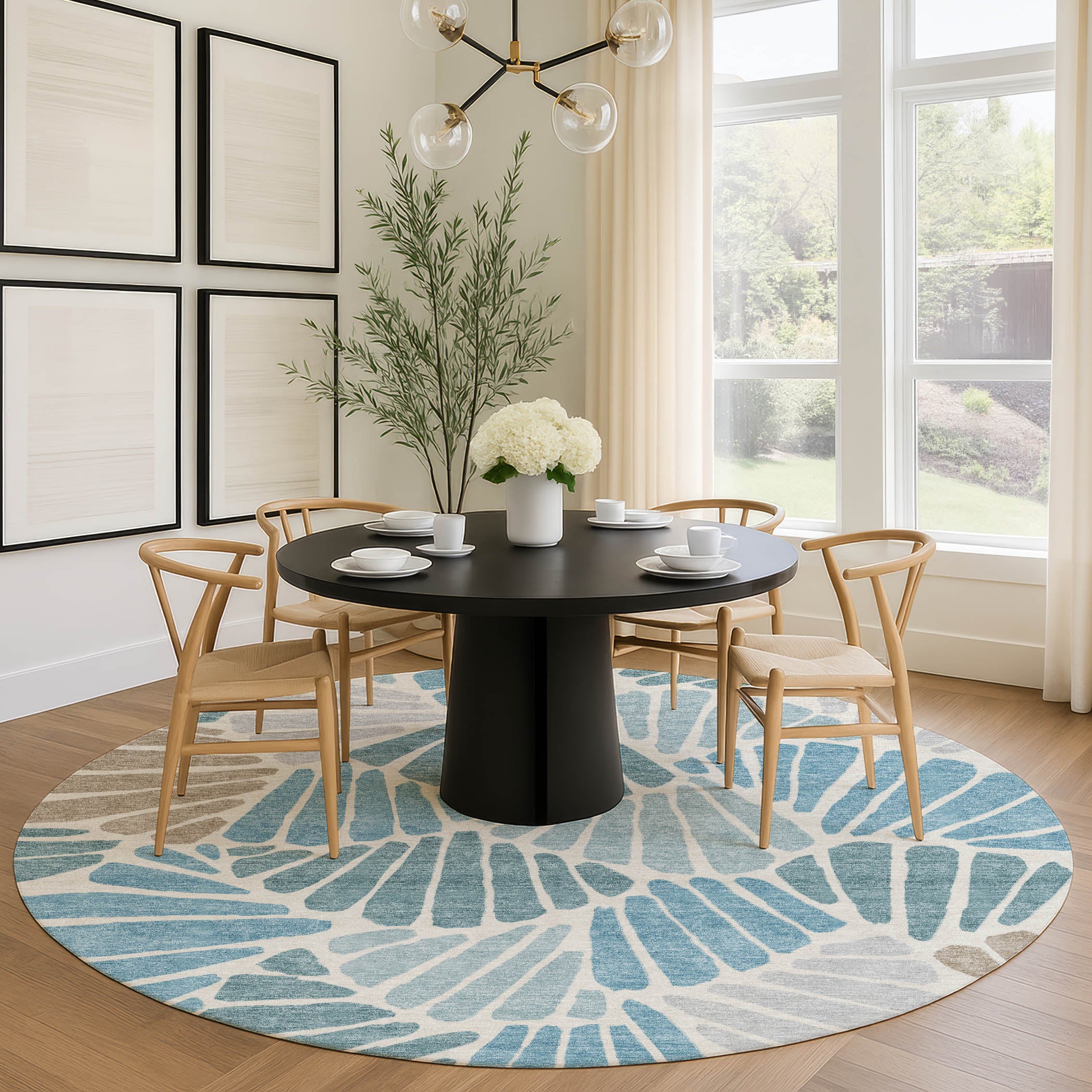 Luang Prabang Machine Washable Traditional Teal Rug 8' x 8' #shape_Round