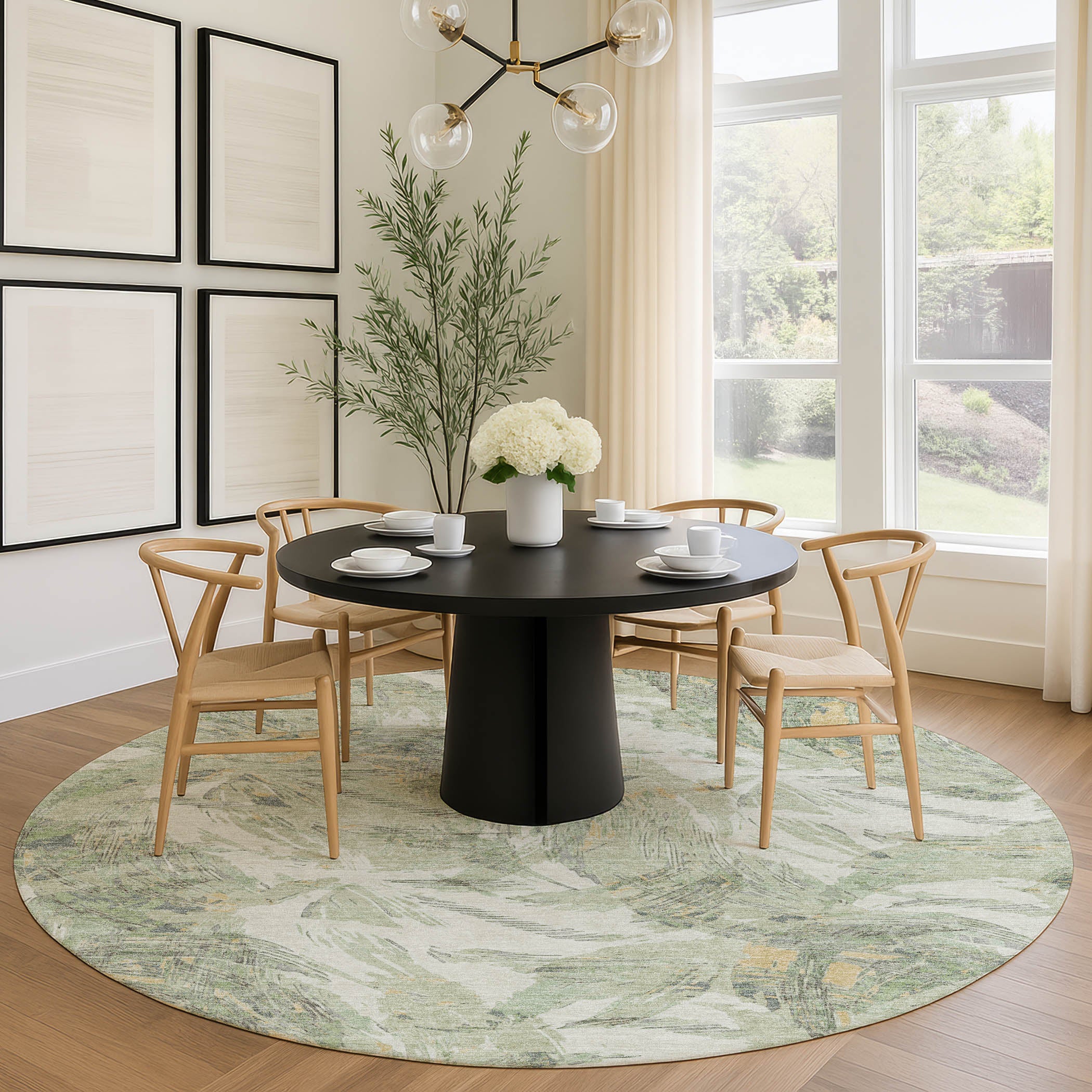 Siena Machine Washable Traditional Celery Green Rug 8' x 8' #shape_Round