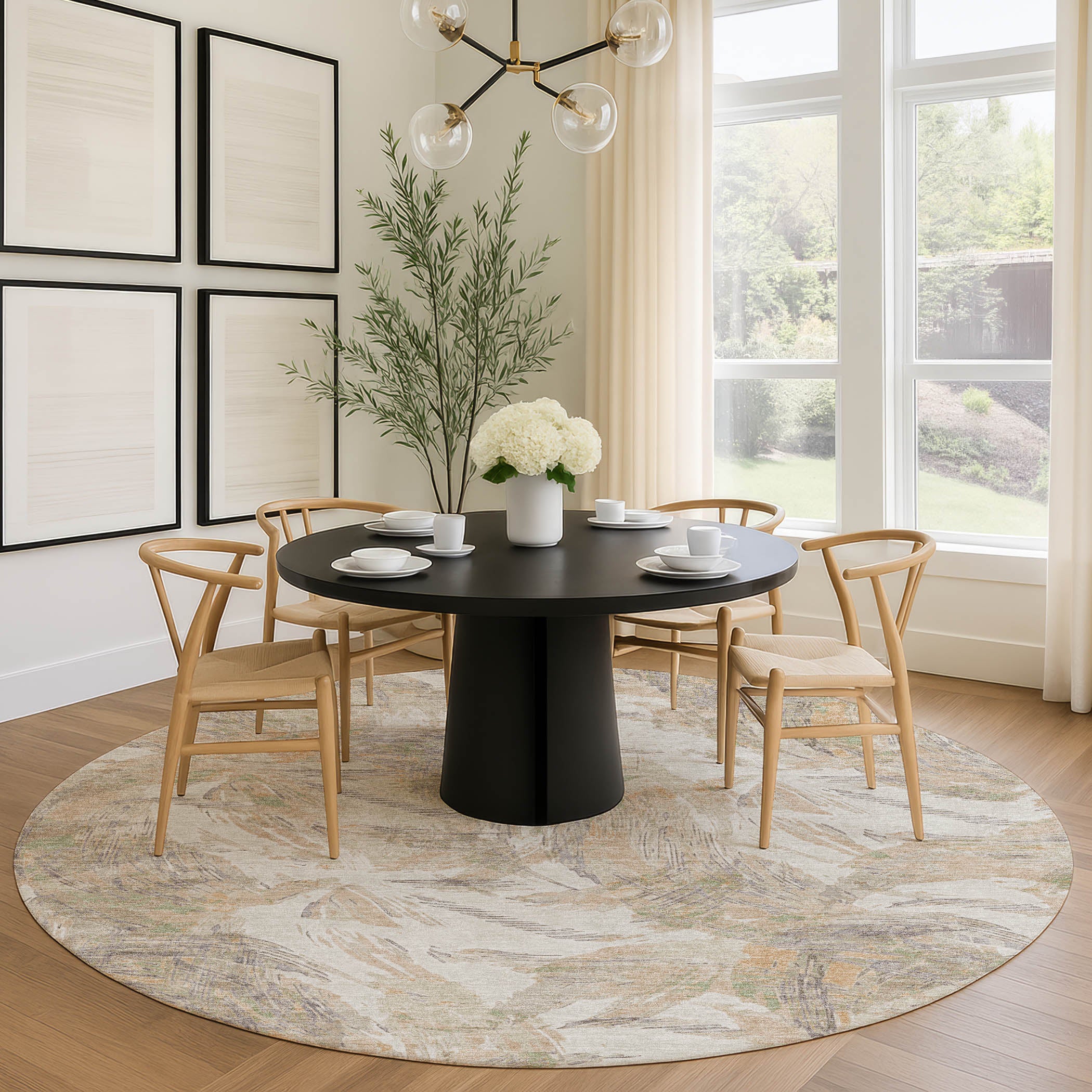 Siena Machine Washable Traditional Khaki Brown Rug 8' x 8' #shape_Round