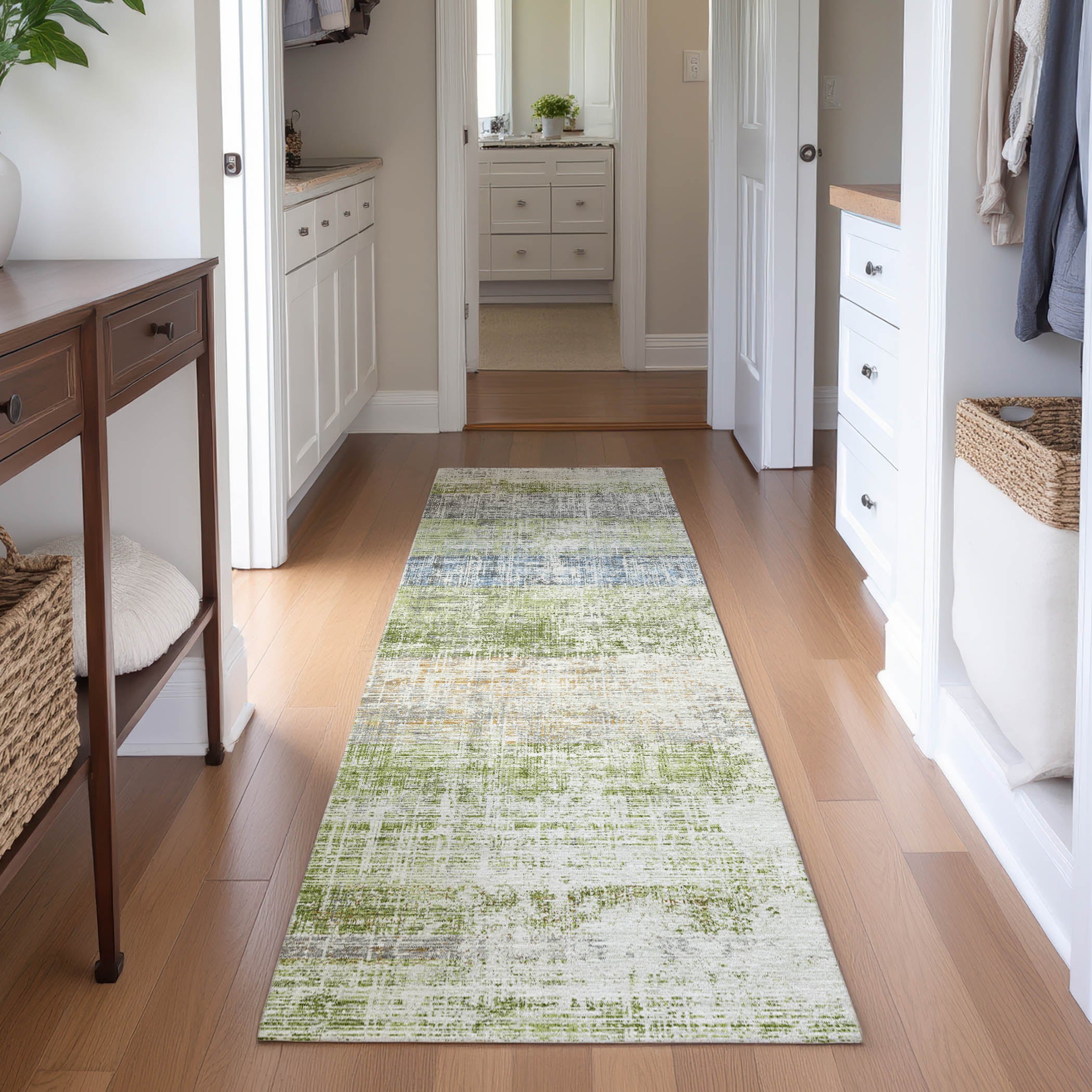 Bruges Machine Washable Traditional Green Rug 2'3" x 7'6" #shape_Runner