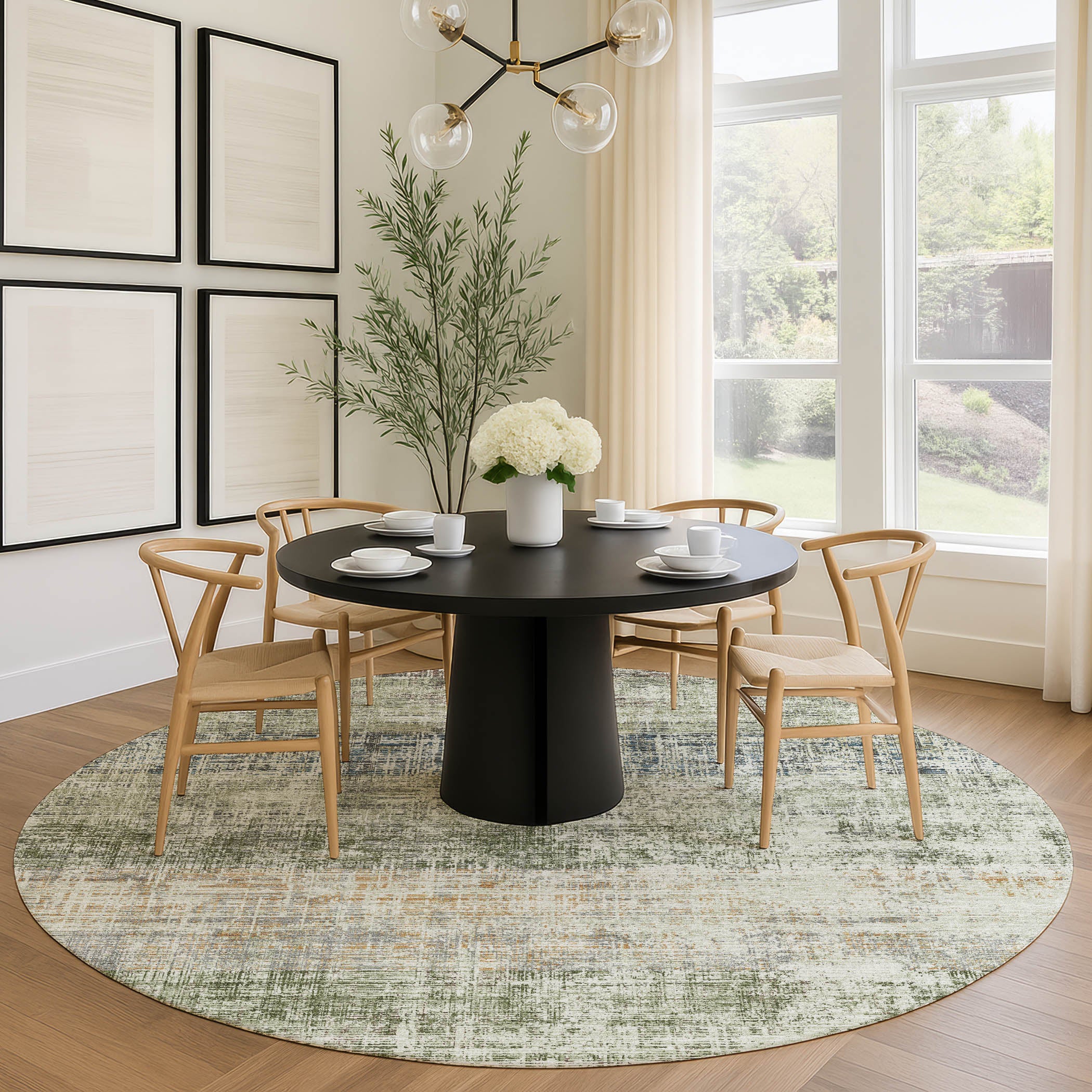 Bruges Machine Washable Traditional Olive Green Rug 8' x 8' #shape_Round