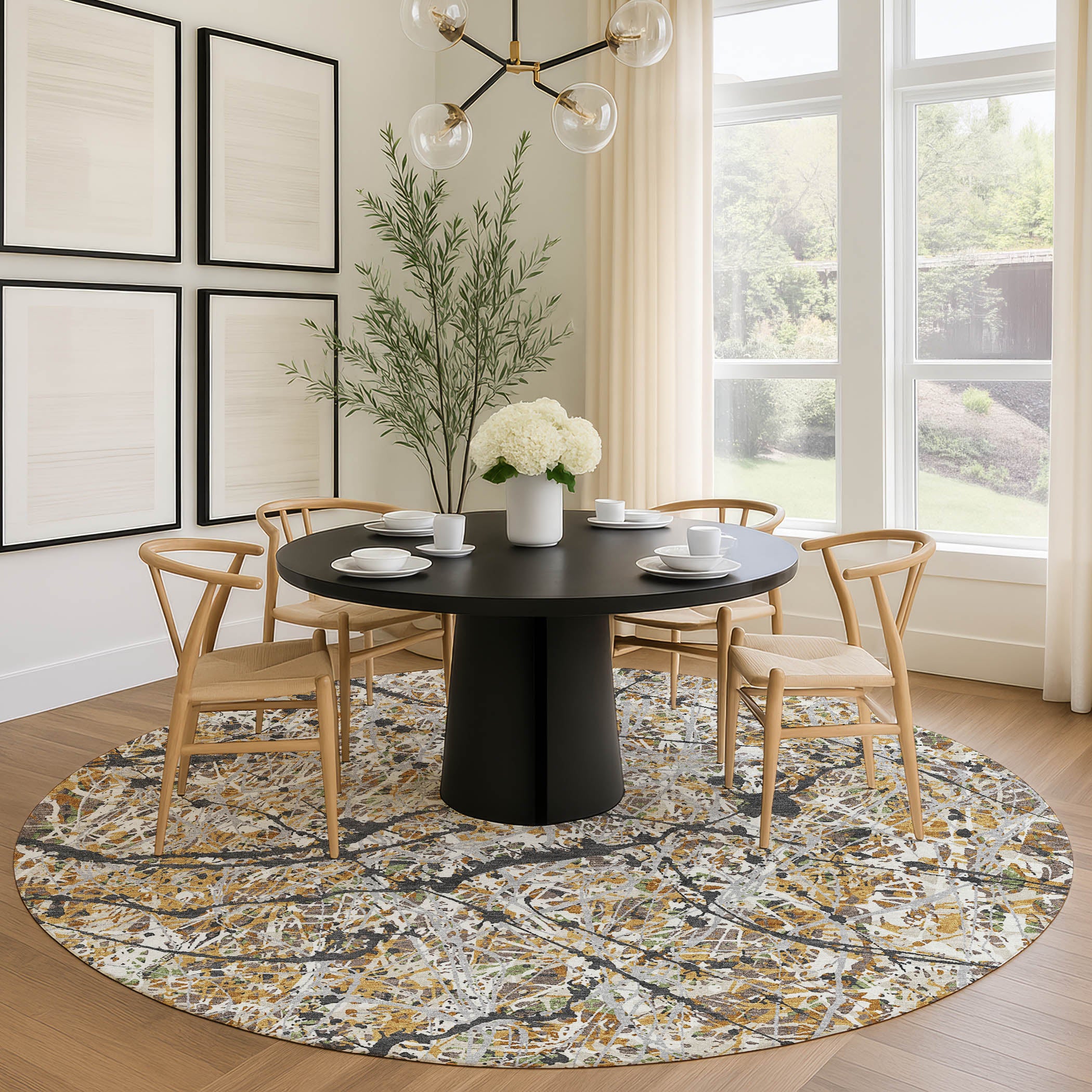Cusco Machine Washable Traditional Beige Brown Rug 8' x 8' #shape_Round