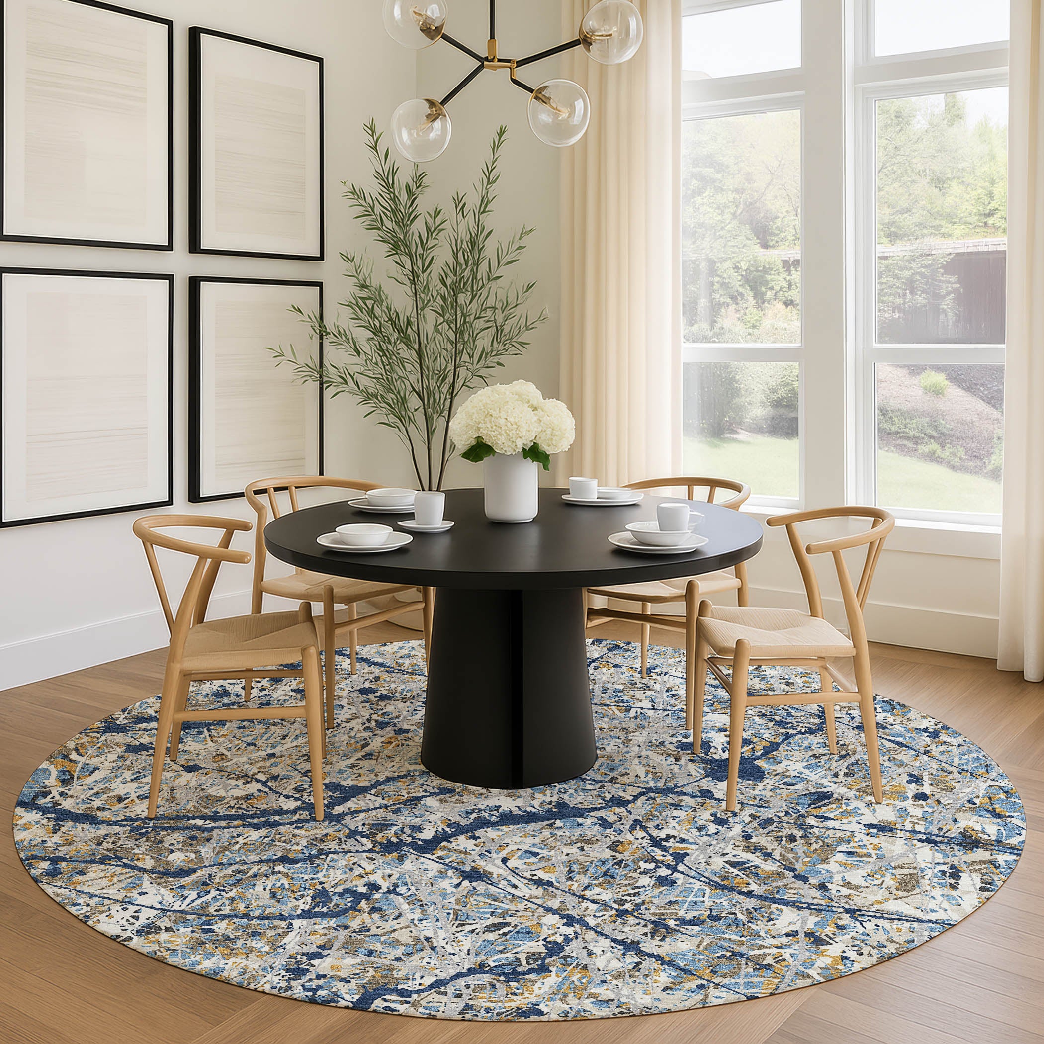 Cusco Machine Washable Traditional Navy Blue Rug 8' x 8' #shape_Round