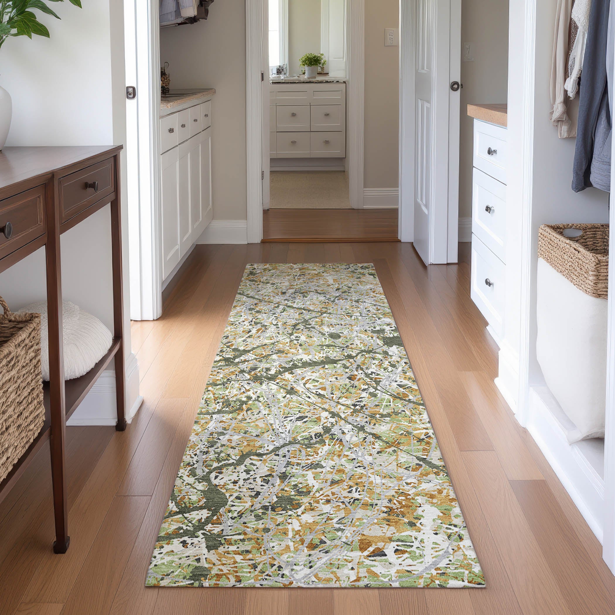 Cusco Machine Washable Traditional Olive Green Rug 2'3" x 7'6" #shape_Runner
