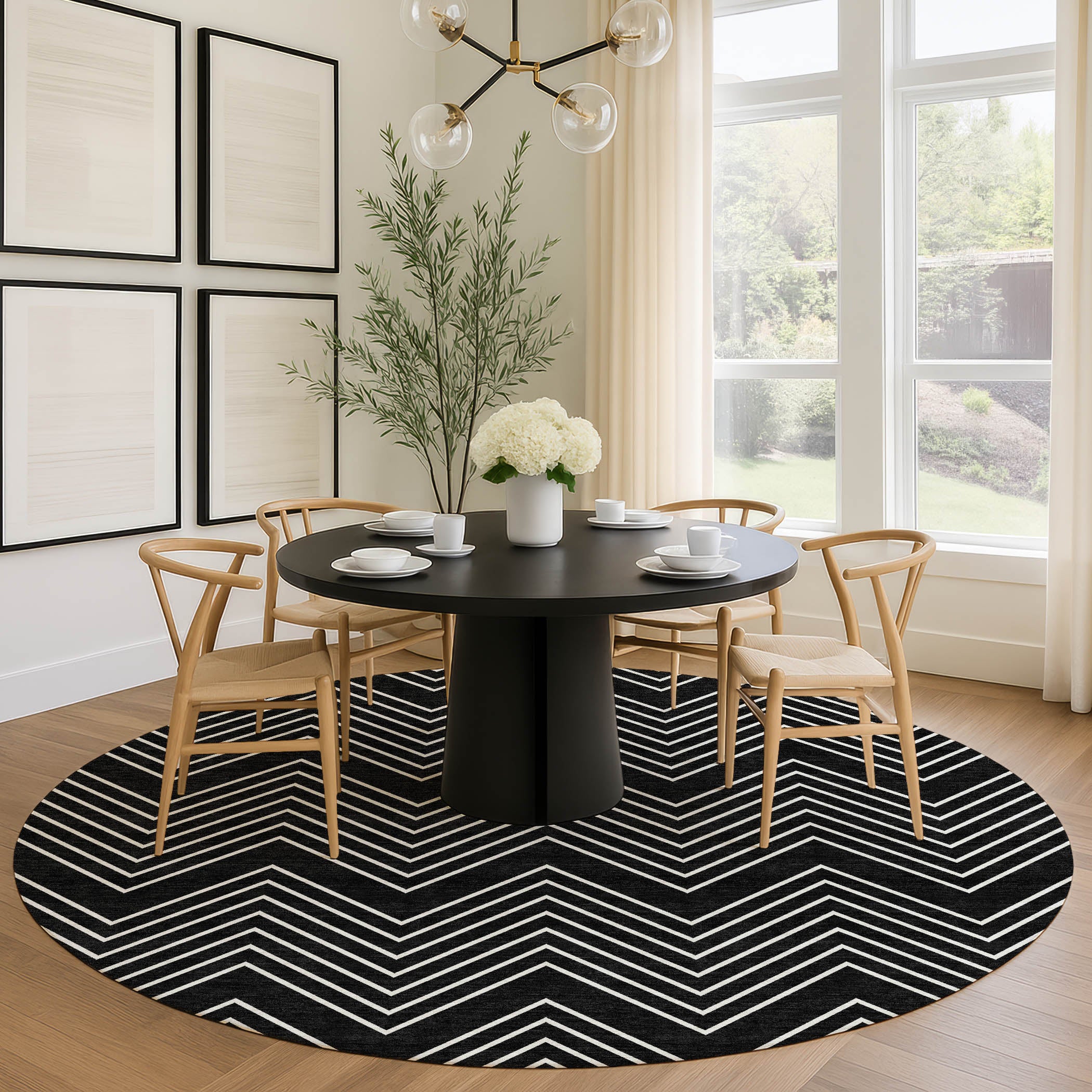 Chiang Mai Machine Washable Traditional Black Rug 8' x 8' #shape_Round