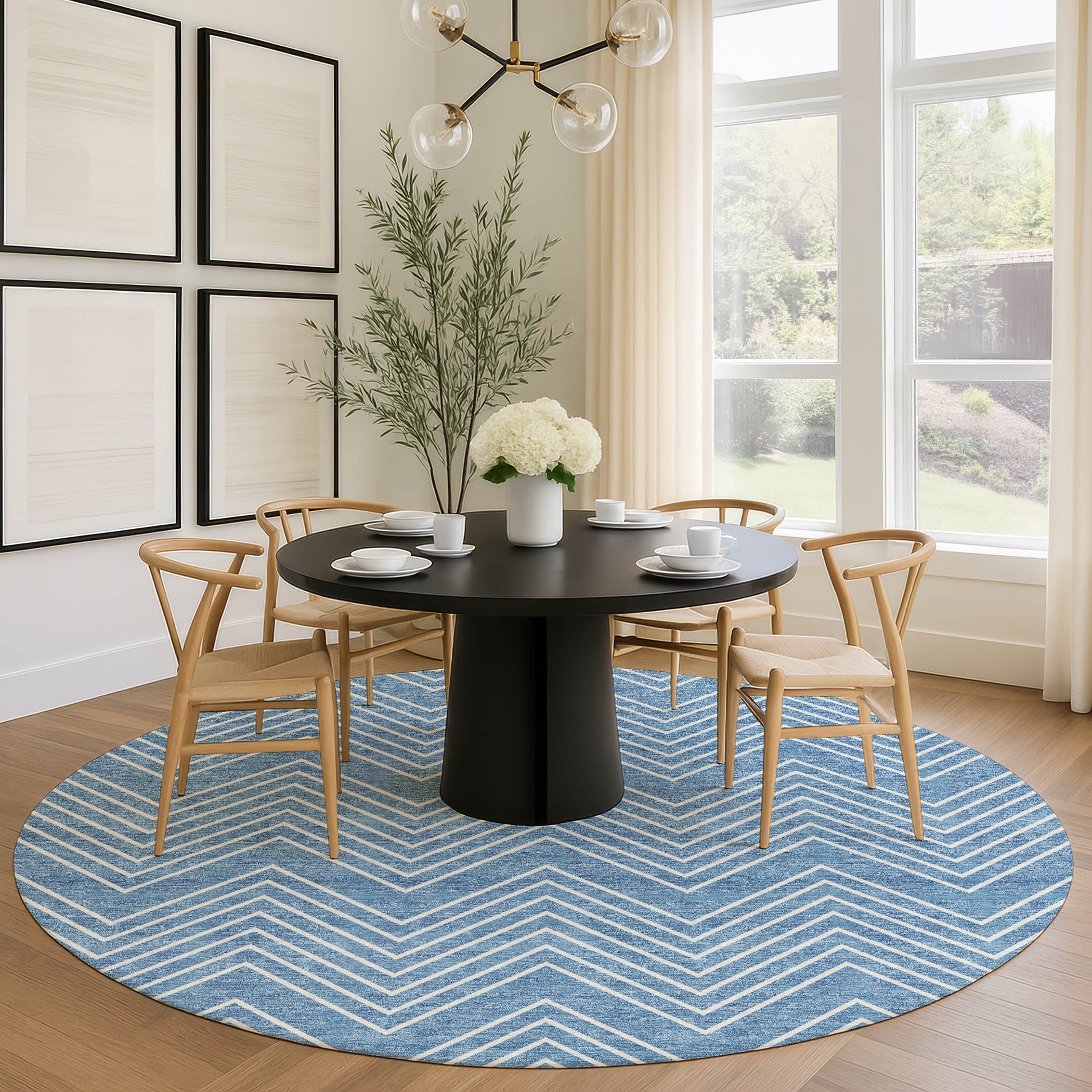 Chiang Mai Machine Washable Traditional Blue Rug 8' x 8' #shape_Round