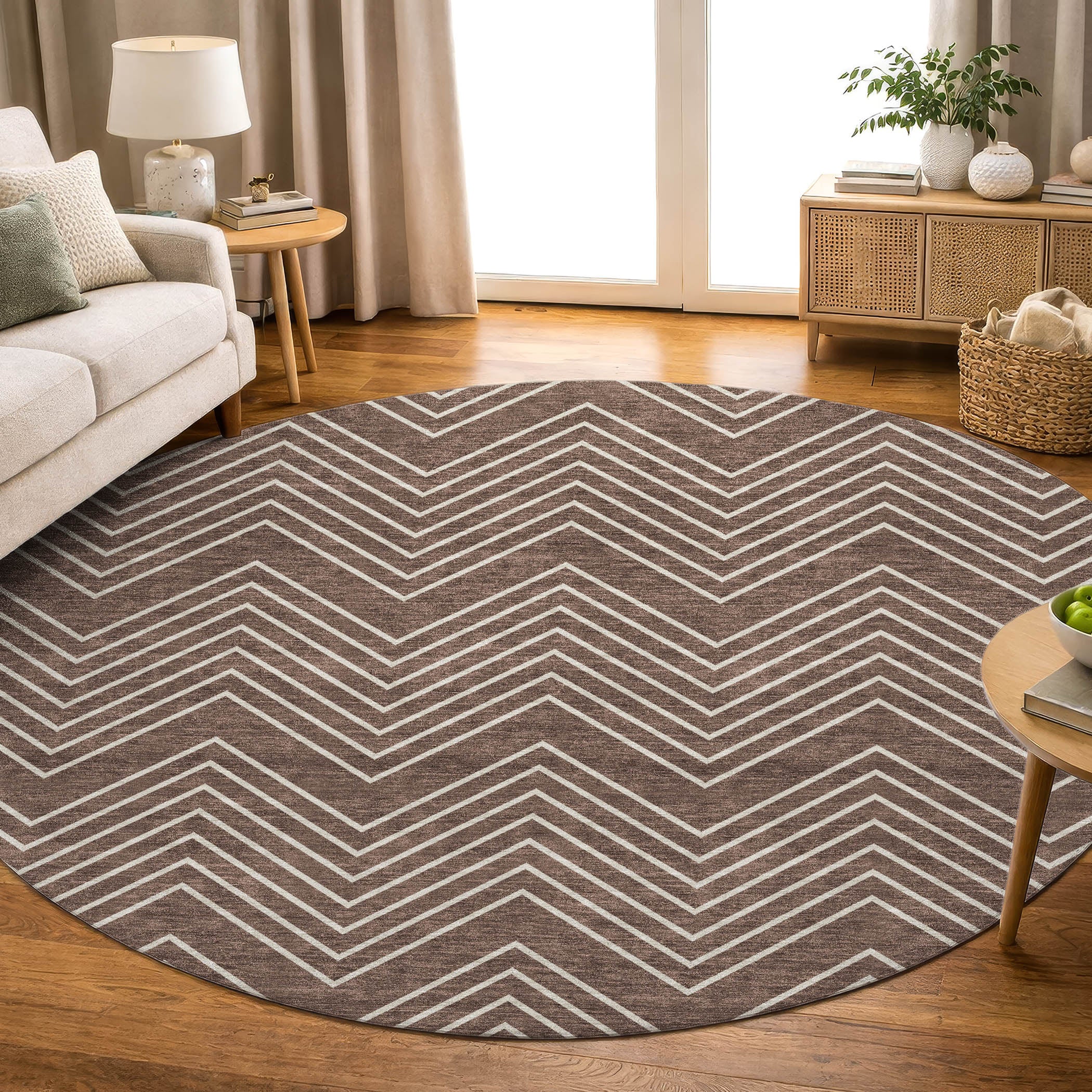 Chiang Mai Machine Washable Traditional Brown Rug 8' x 8' #shape_Round