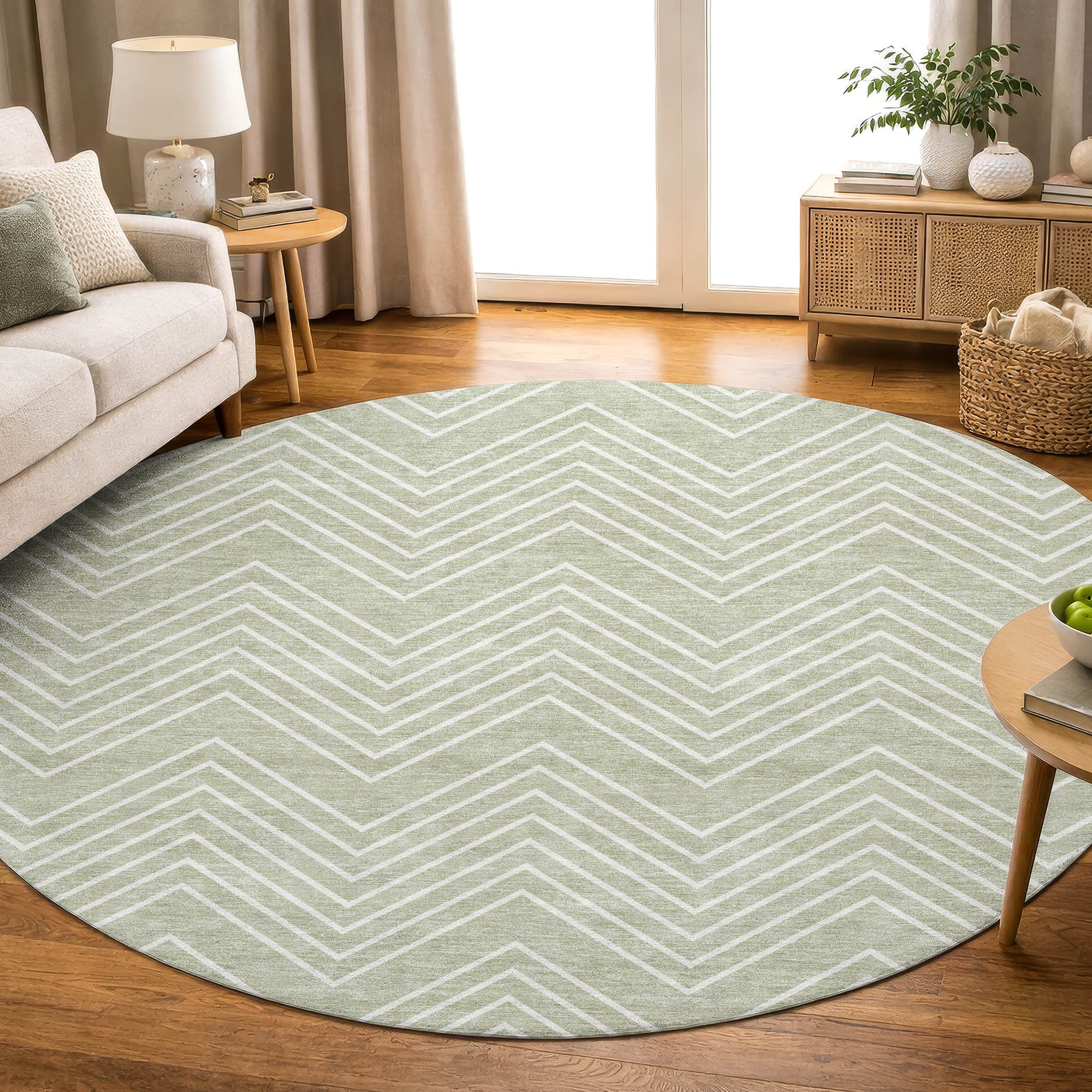 Chiang Mai Machine Washable Traditional Celery Green Rug 8' x 8' #shape_Round