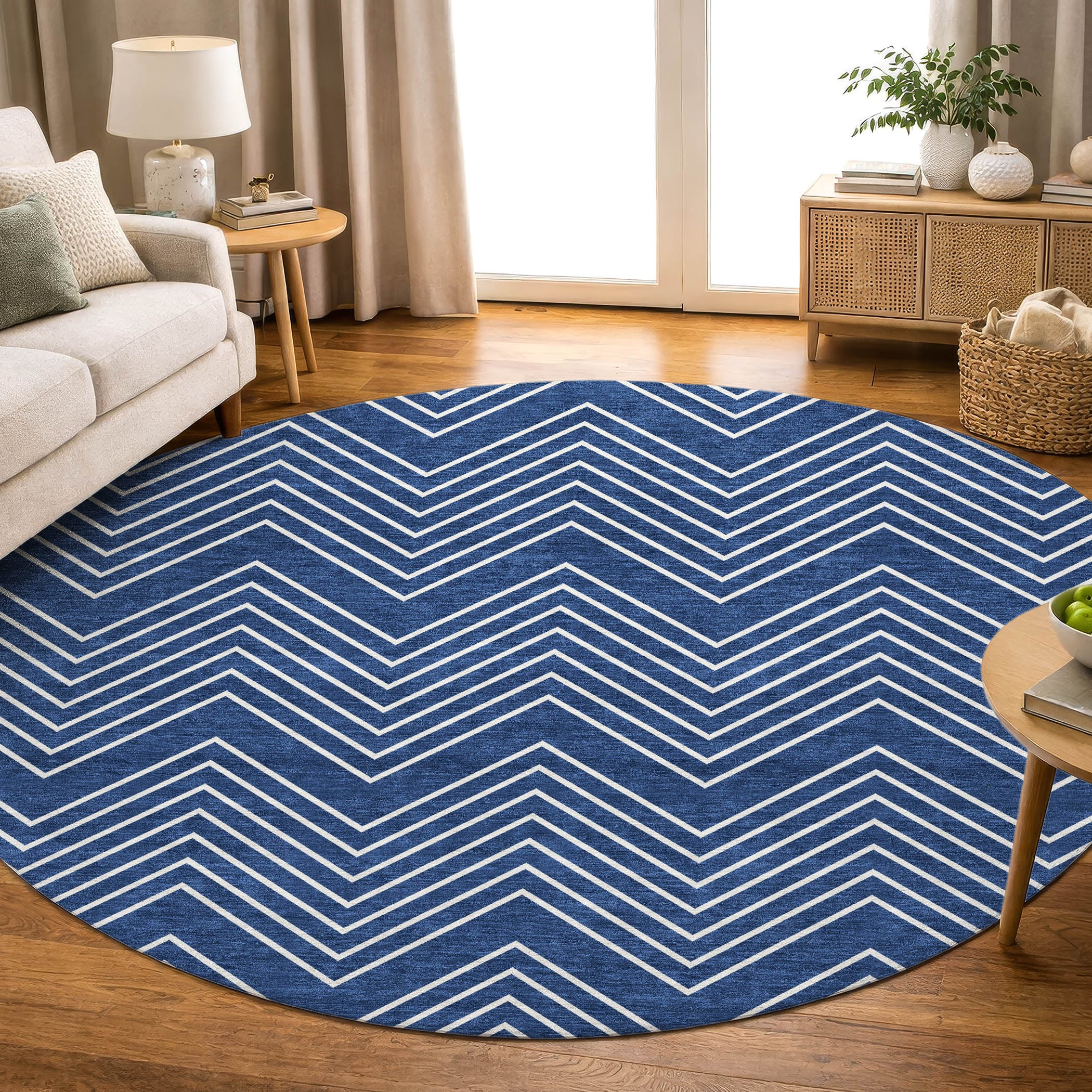 Chiang Mai Machine Washable Transitional Navy Blue Rug 8' x 8' #shape_Round