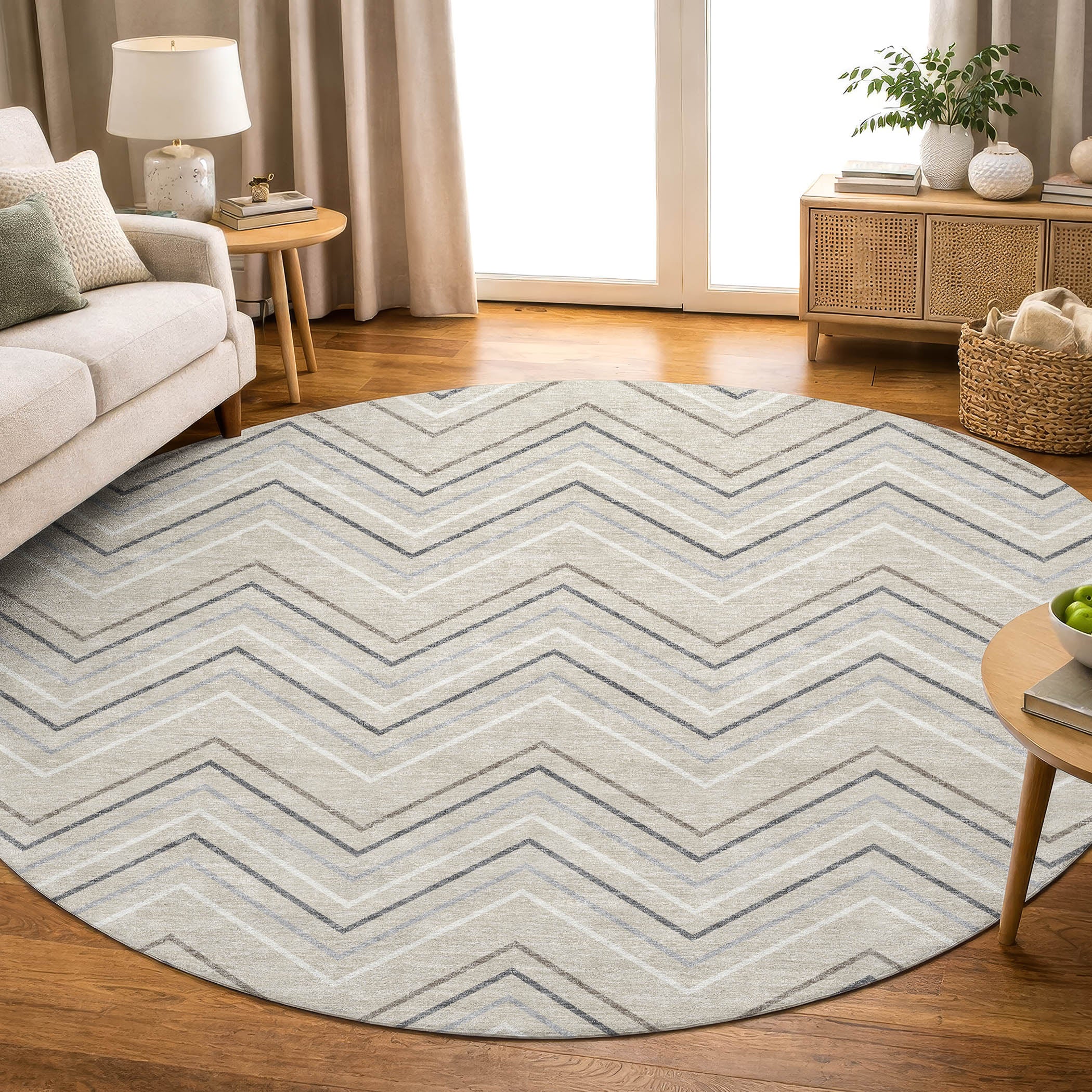 Mostar Machine Washable Transitional Beige Brown Rug 8' x 8' #shape_Round