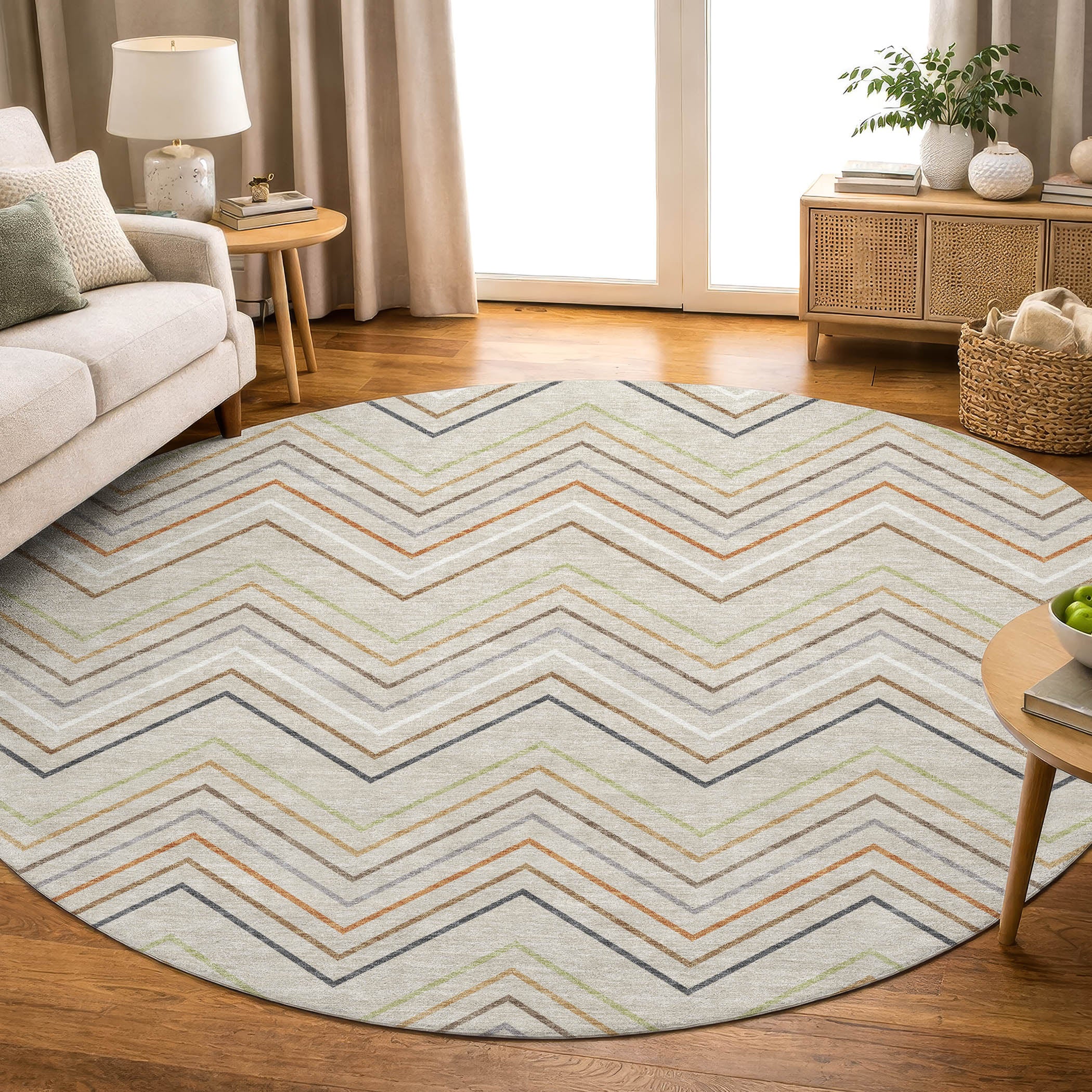 Santorini Machine Washable Traditional Beige Brown Rug 8' x 8' #shape_Round