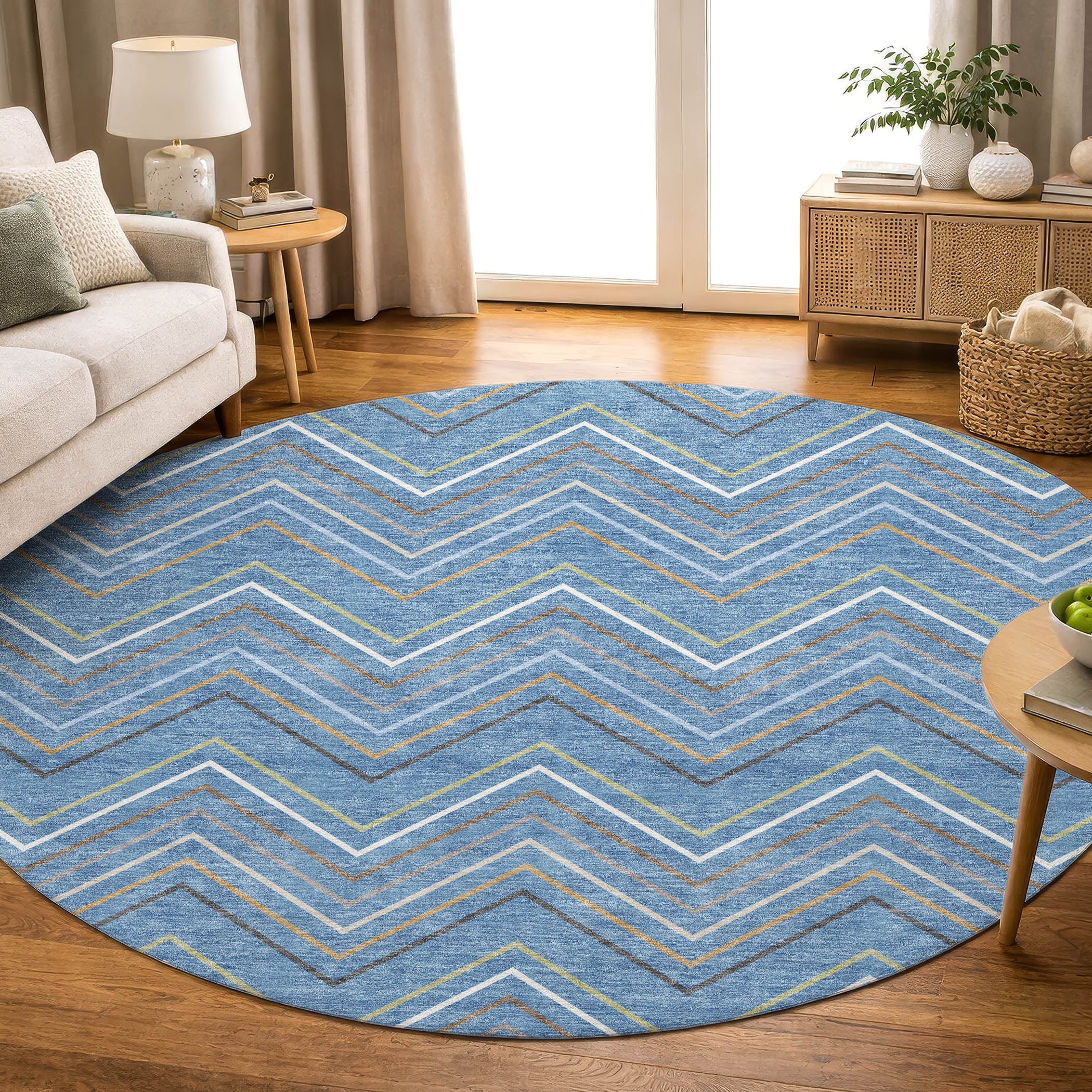 Santorini Machine Washable Traditional Blue Rug 8' x 8' #shape_Round