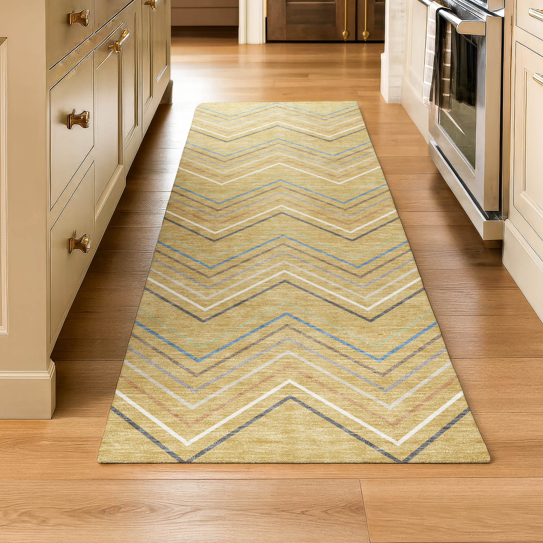 Santorini Machine Washable Traditional Gold Rug 2'3" x 7'6" #shape_Runner