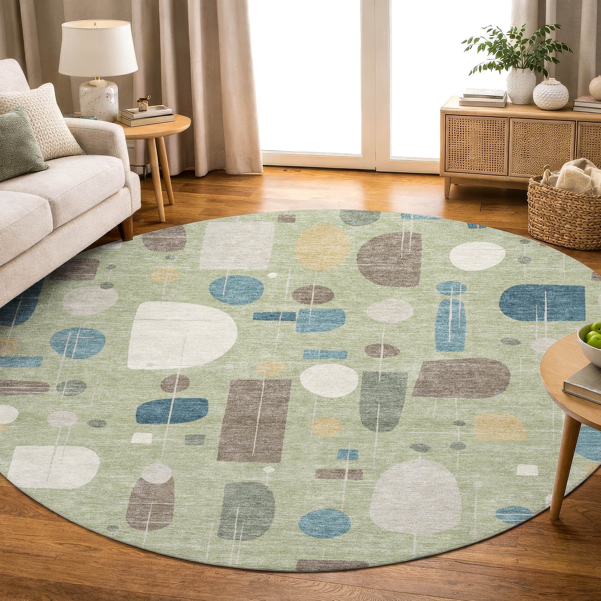 Sarajevo Machine Washable Transitional Aloe Green Rug 8' x 8' #shape_Round