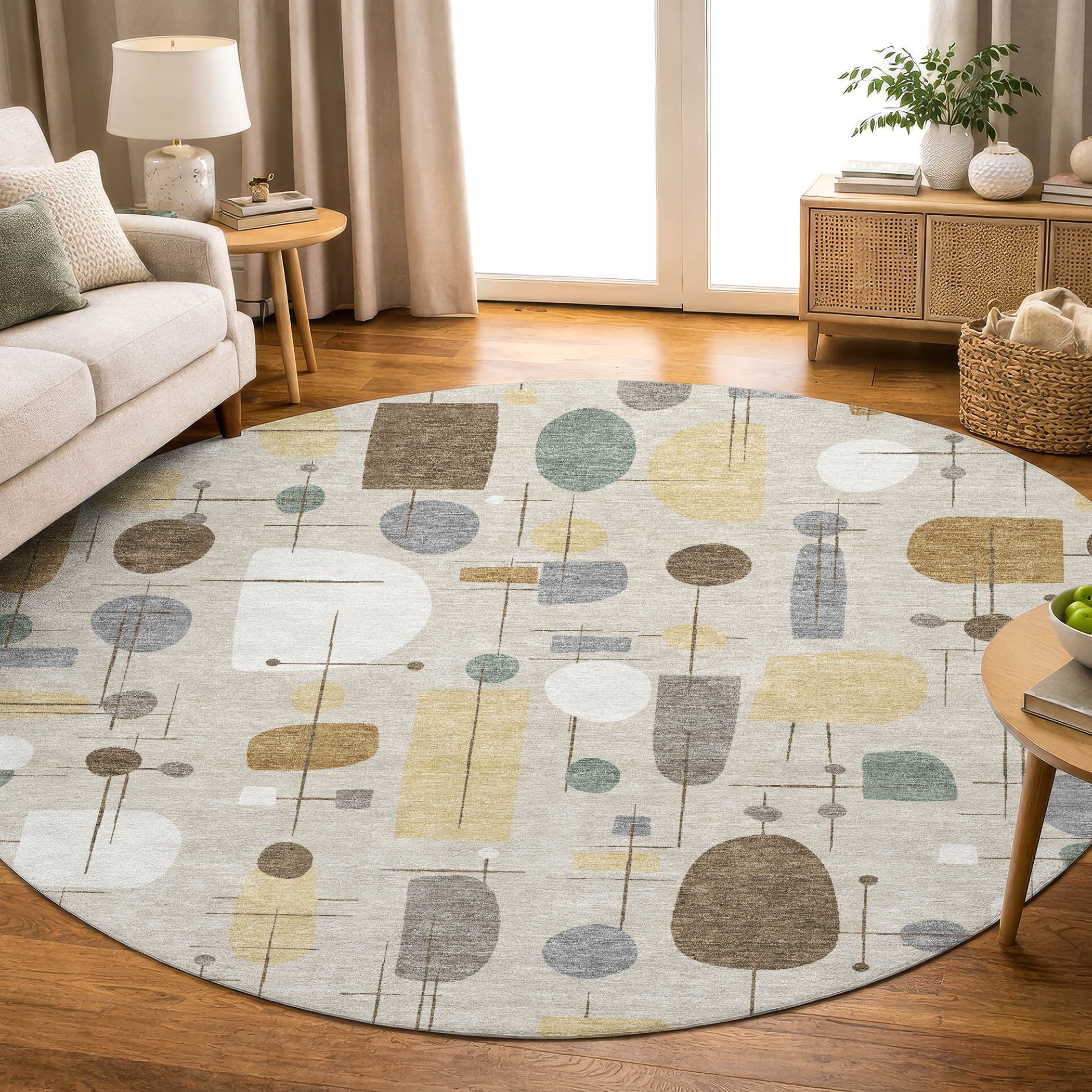 Sarajevo Machine Washable Transitional Beige Brown Rug 8' x 8' #shape_Round