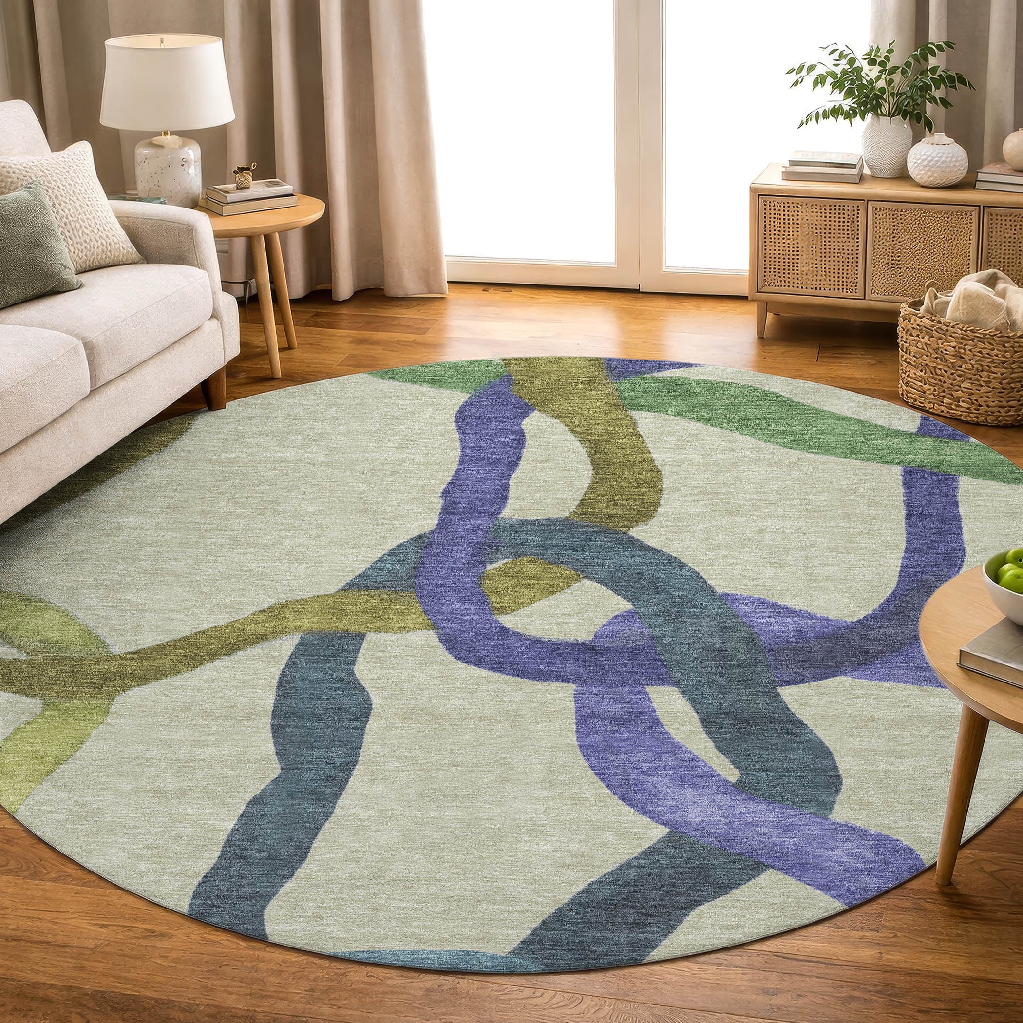 Queenstown Machine Washable Transitional Aloe Green Rug 8' x 8' #shape_Round
