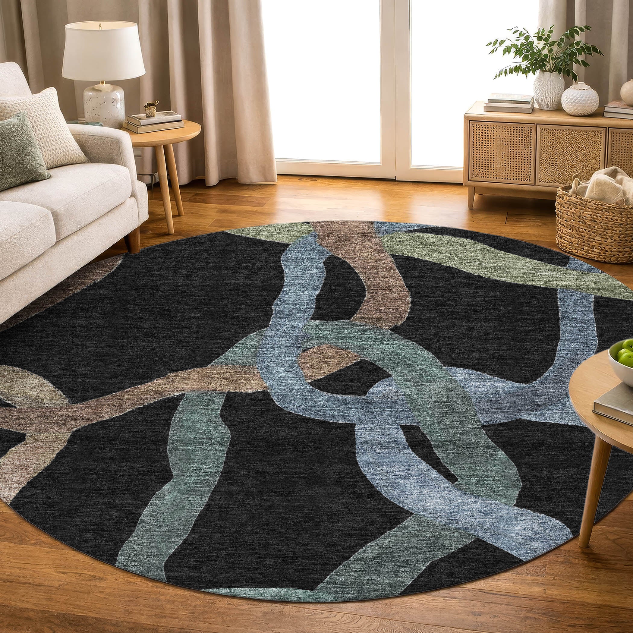 Queenstown Machine Washable Transitional Black Rug 8' x 8' #shape_Round
