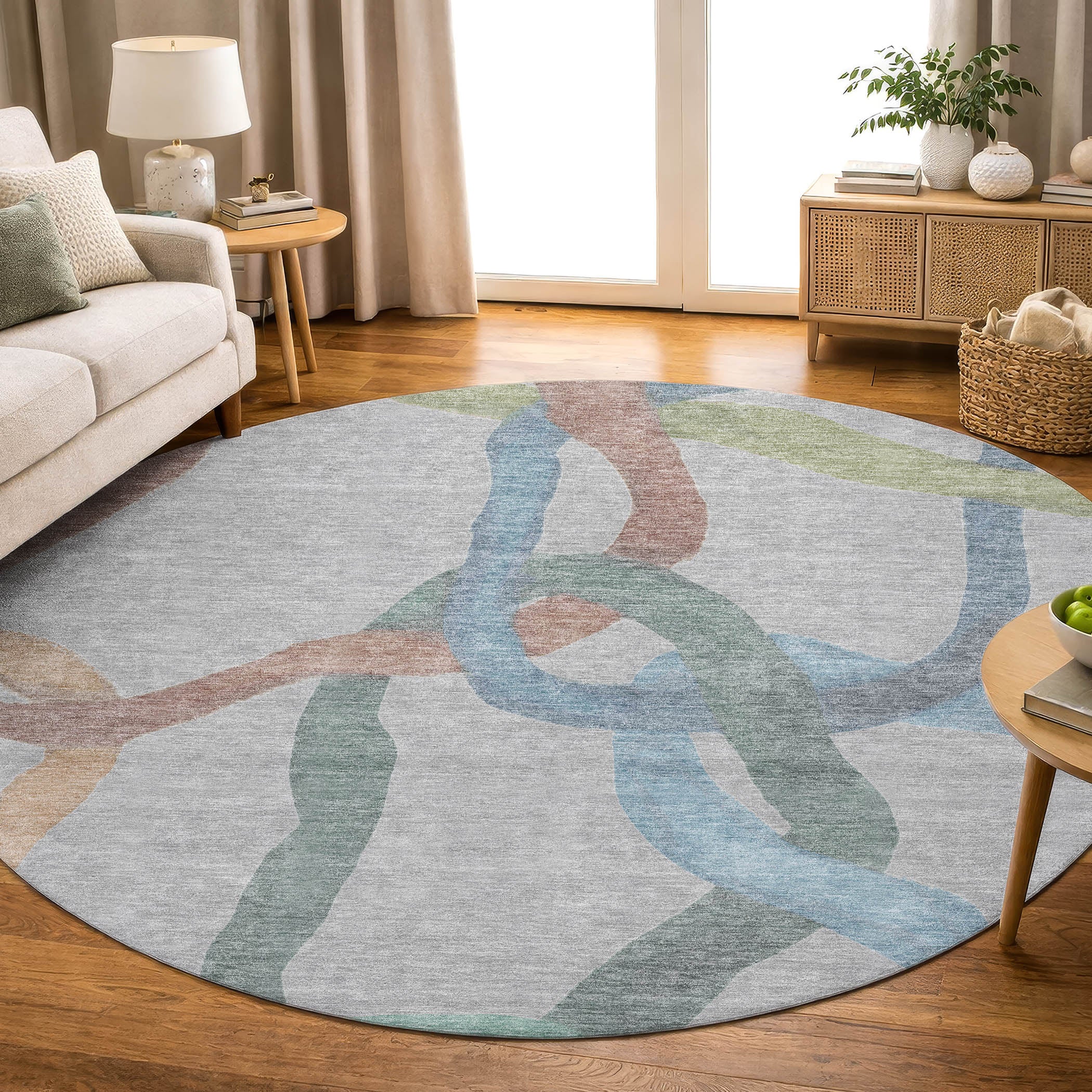Queenstown Machine Washable Transitional Gray Rug 8' x 8' #shape_Round