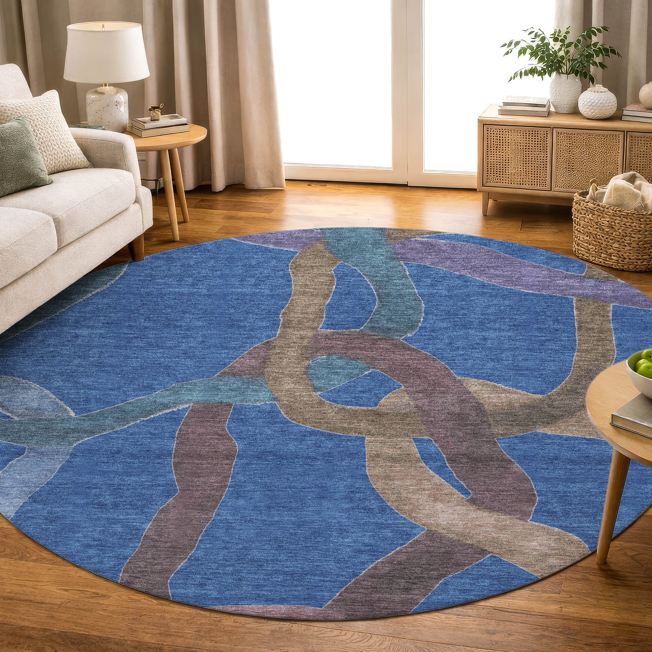 Queenstown Machine Washable Transitional Navy Blue Rug 8' x 8' #shape_Round