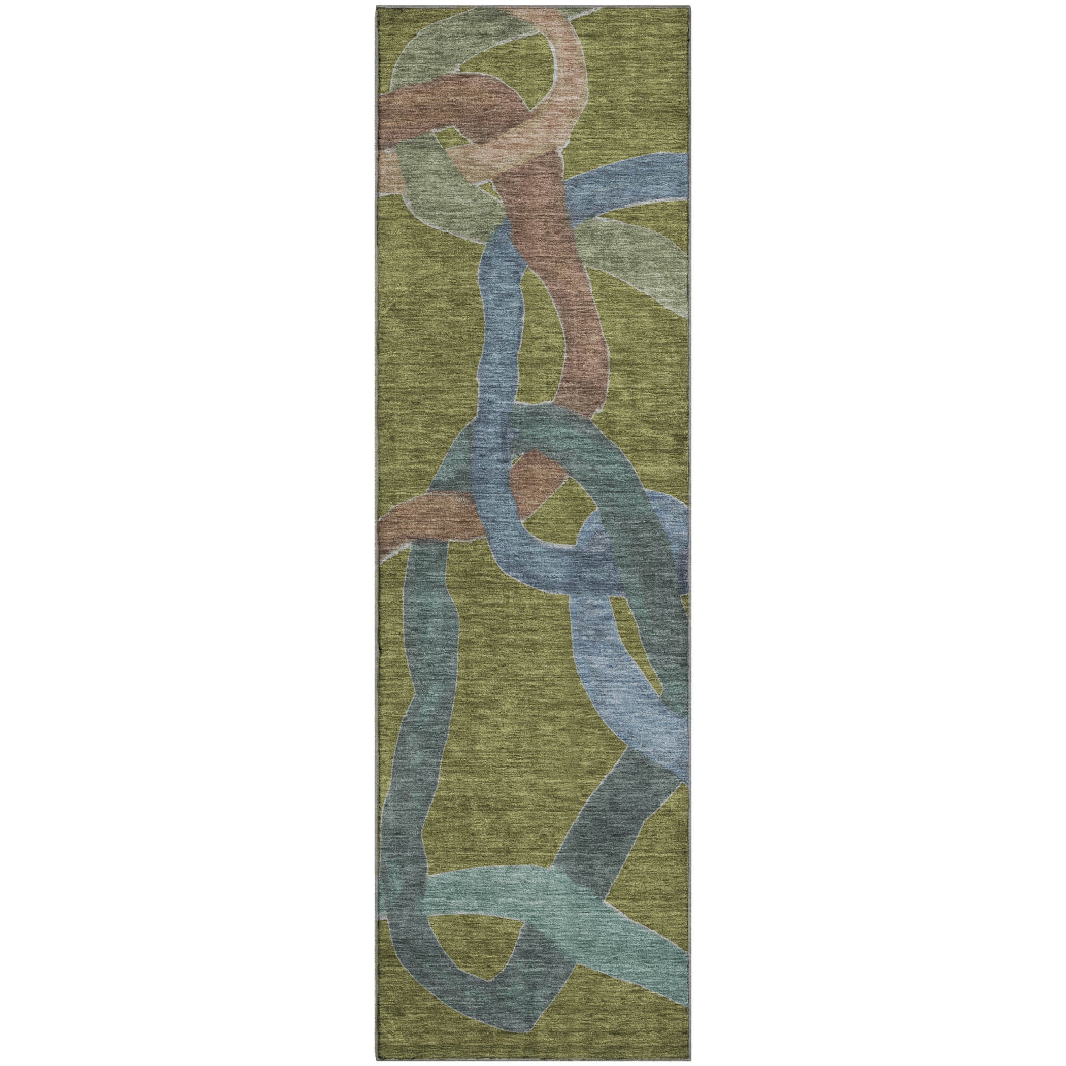 Queenstown Machine Washable Transitional Olive Green Rug 2'3" x 7'6" #shape_Runner