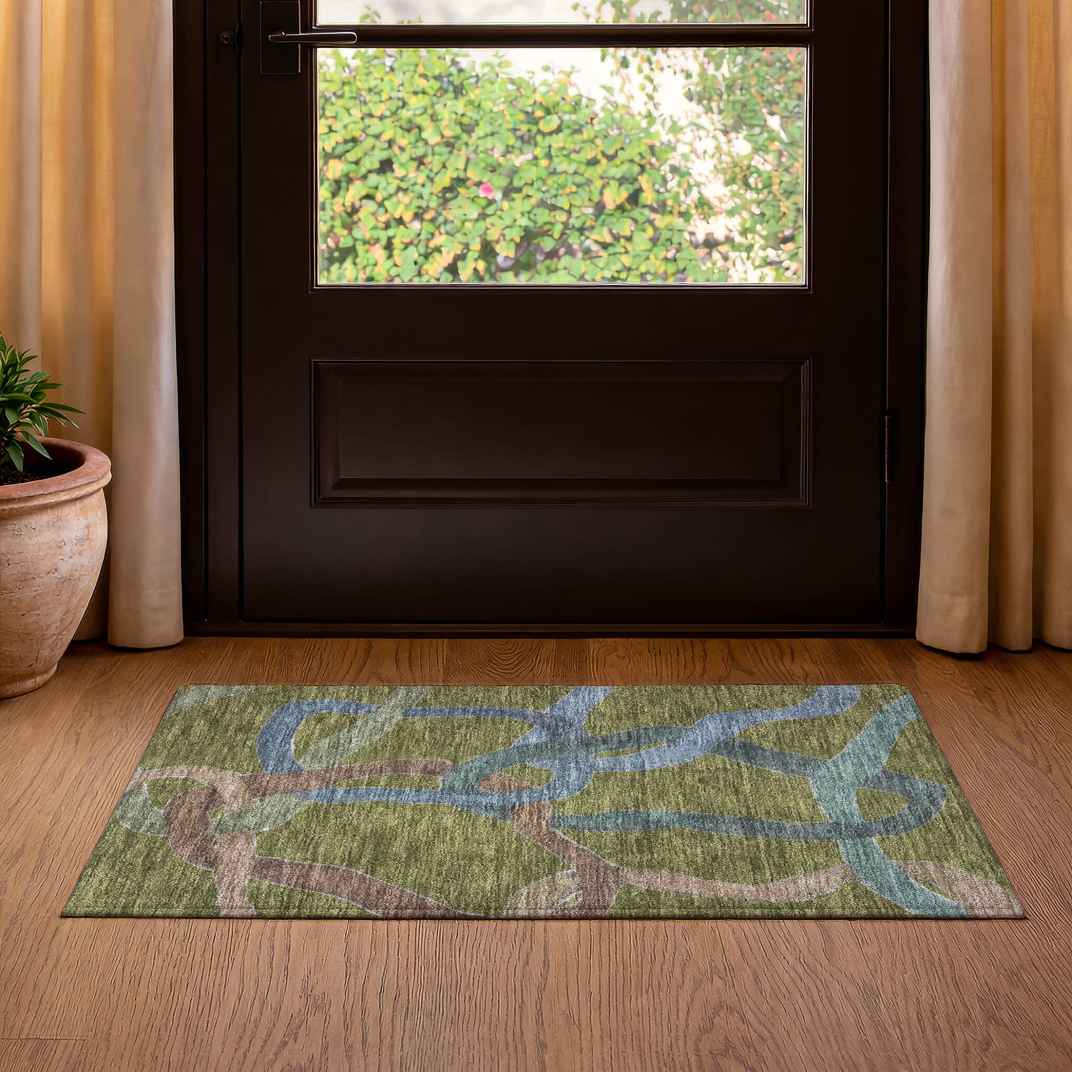 Queenstown Machine Washable Transitional Olive Green Rug 1'8" x 2'6" #shape_Rectangle