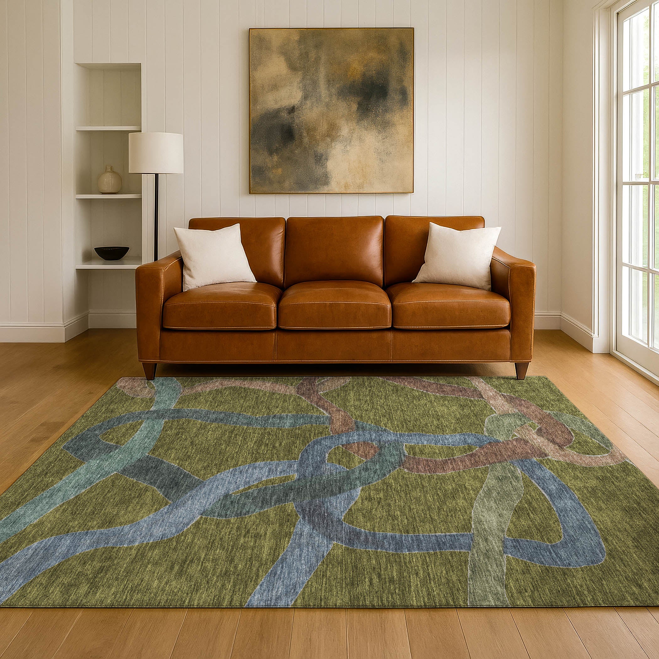 Queenstown Machine Washable Transitional Olive Green Rug 3' x 5' #shape_Rectangle