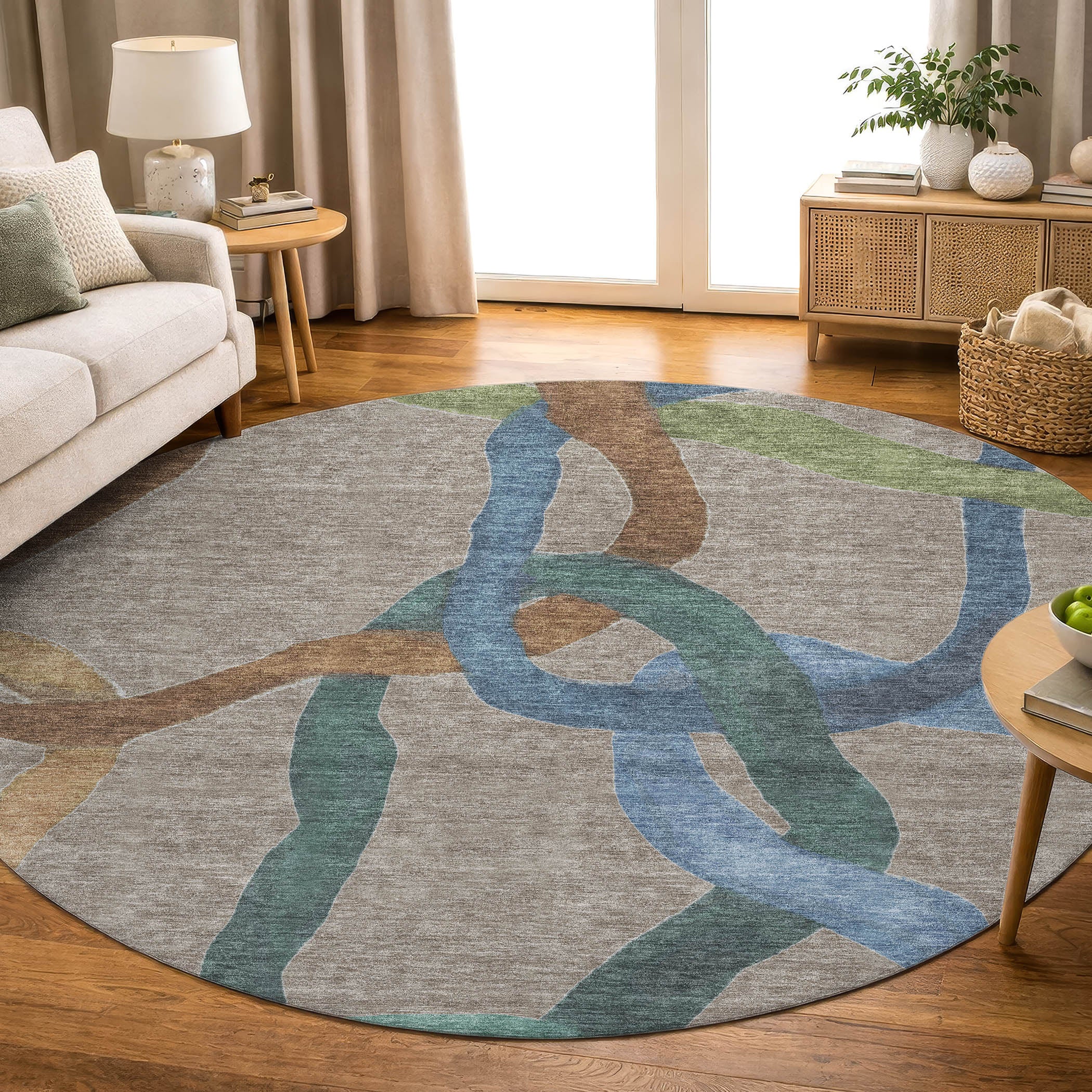 Queenstown Machine Washable Transitional Taupe Brown Rug 8' x 8' #shape_Round