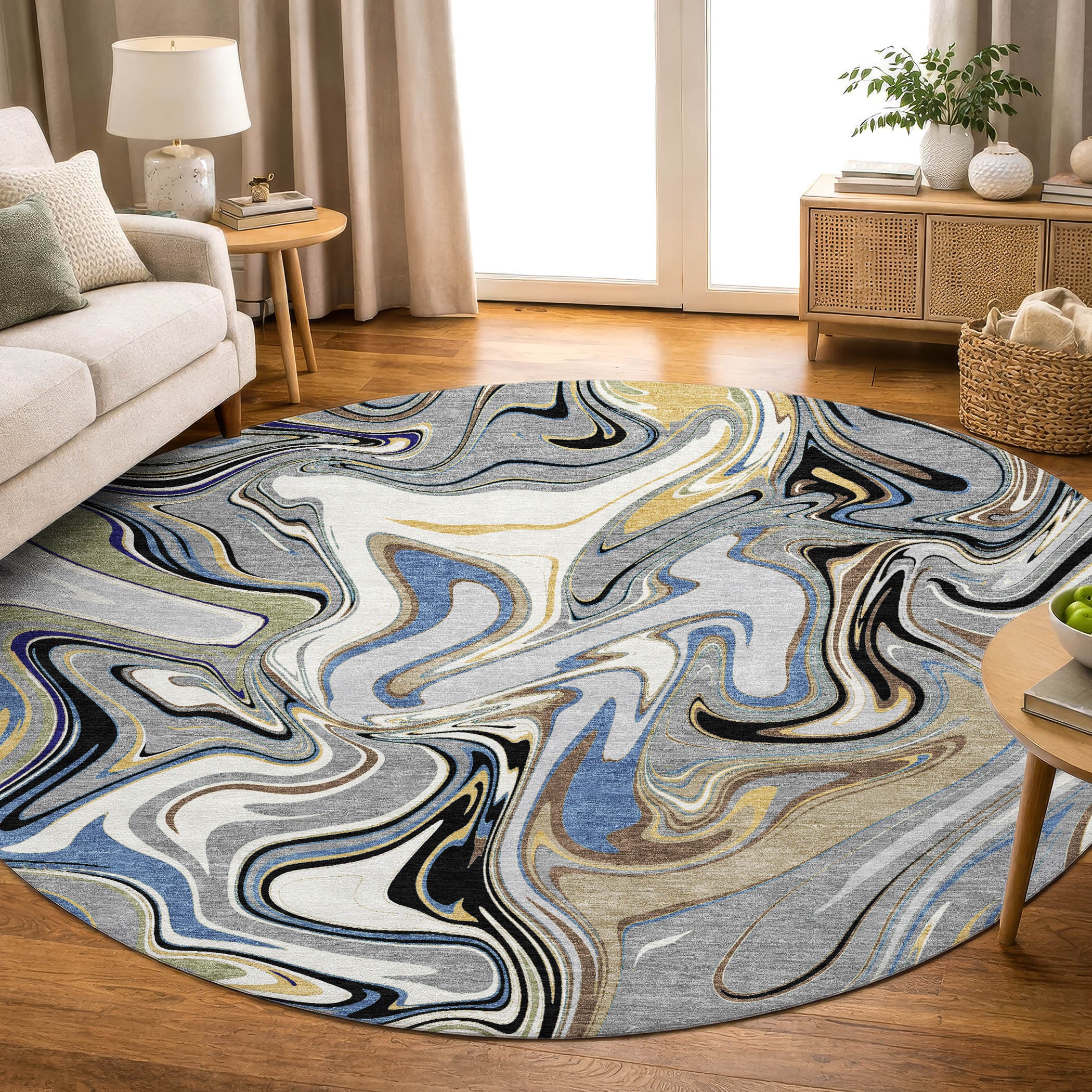 Budapest Machine Washable Transitional Gray Rug 8' x 8' #shape_Round