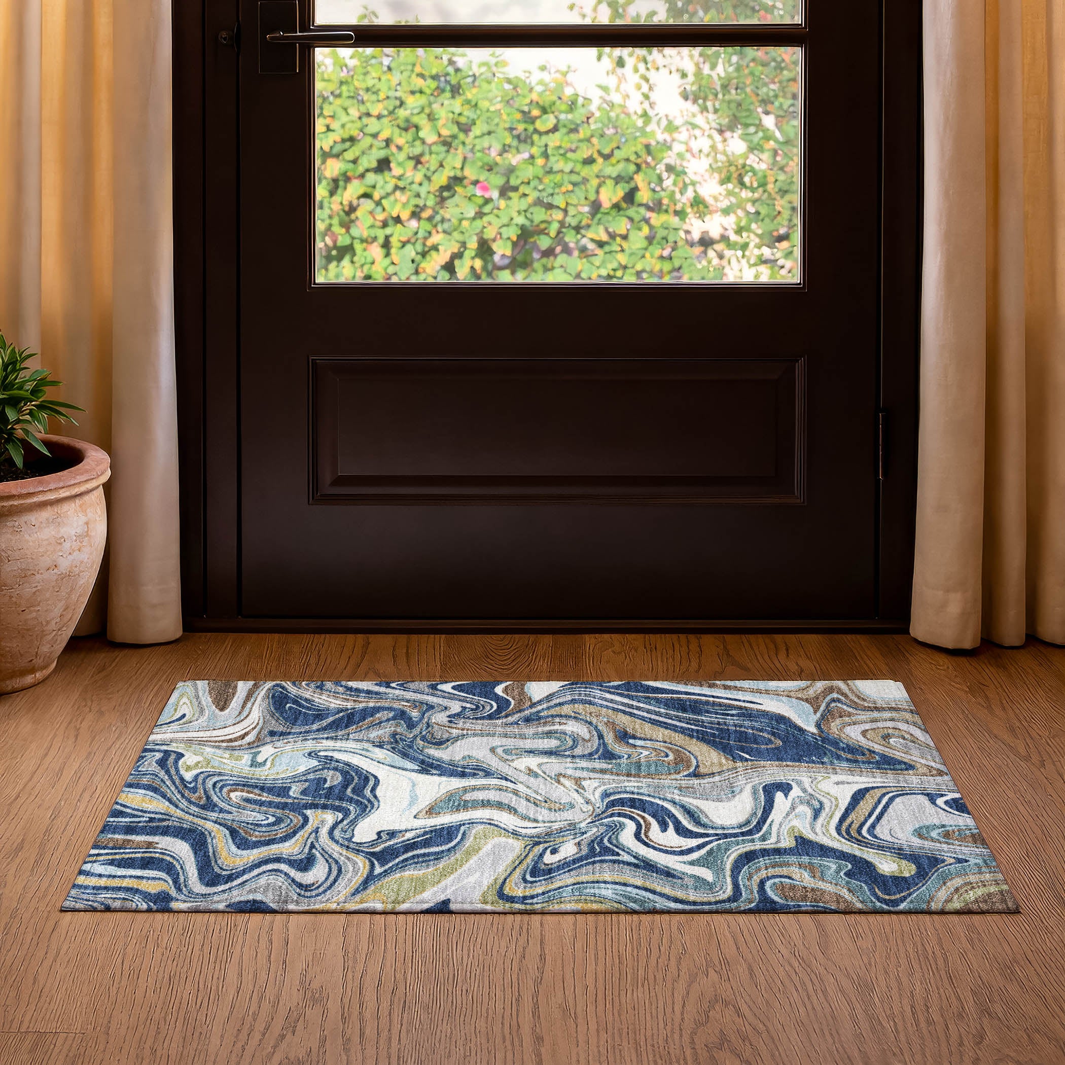 Budapest Machine Washable Transitional Navy Blue Rug 1'8" x 2'6" #shape_Rectangle