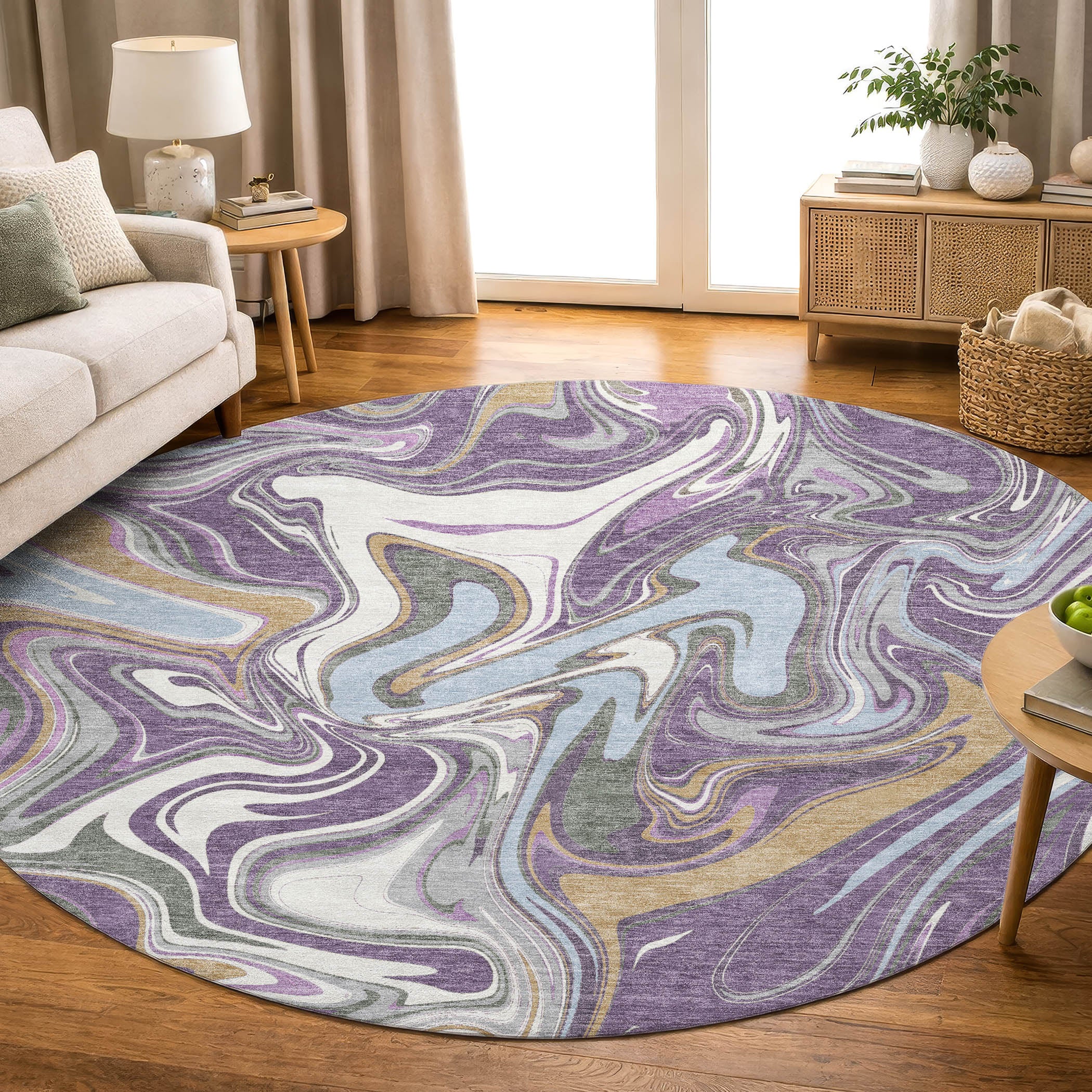 Budapest Machine Washable Transitional Purple Rug 8' x 8' #shape_Round