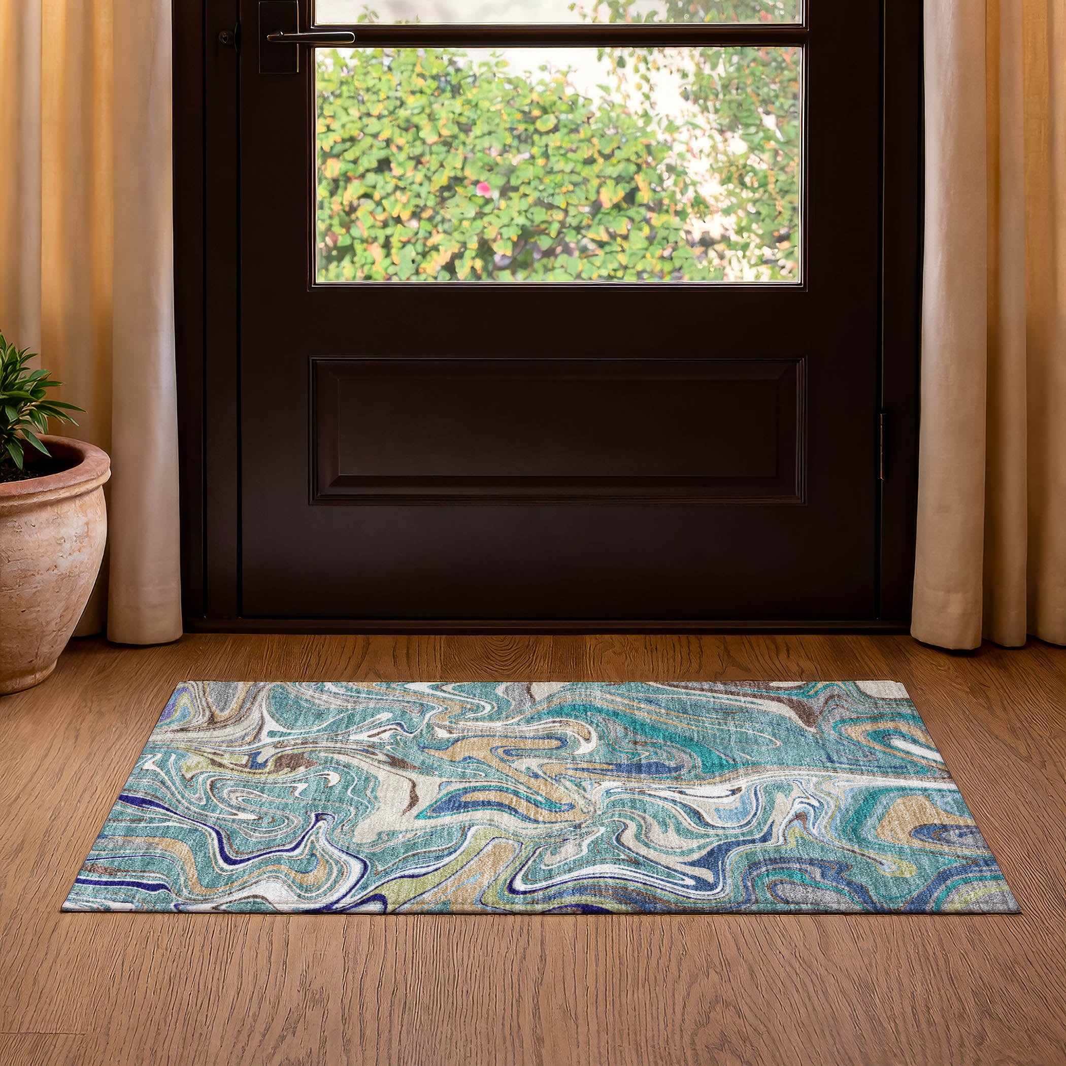 Budapest Machine Washable Transitional Teal Rug 1'8" x 2'6" #shape_Rectangle