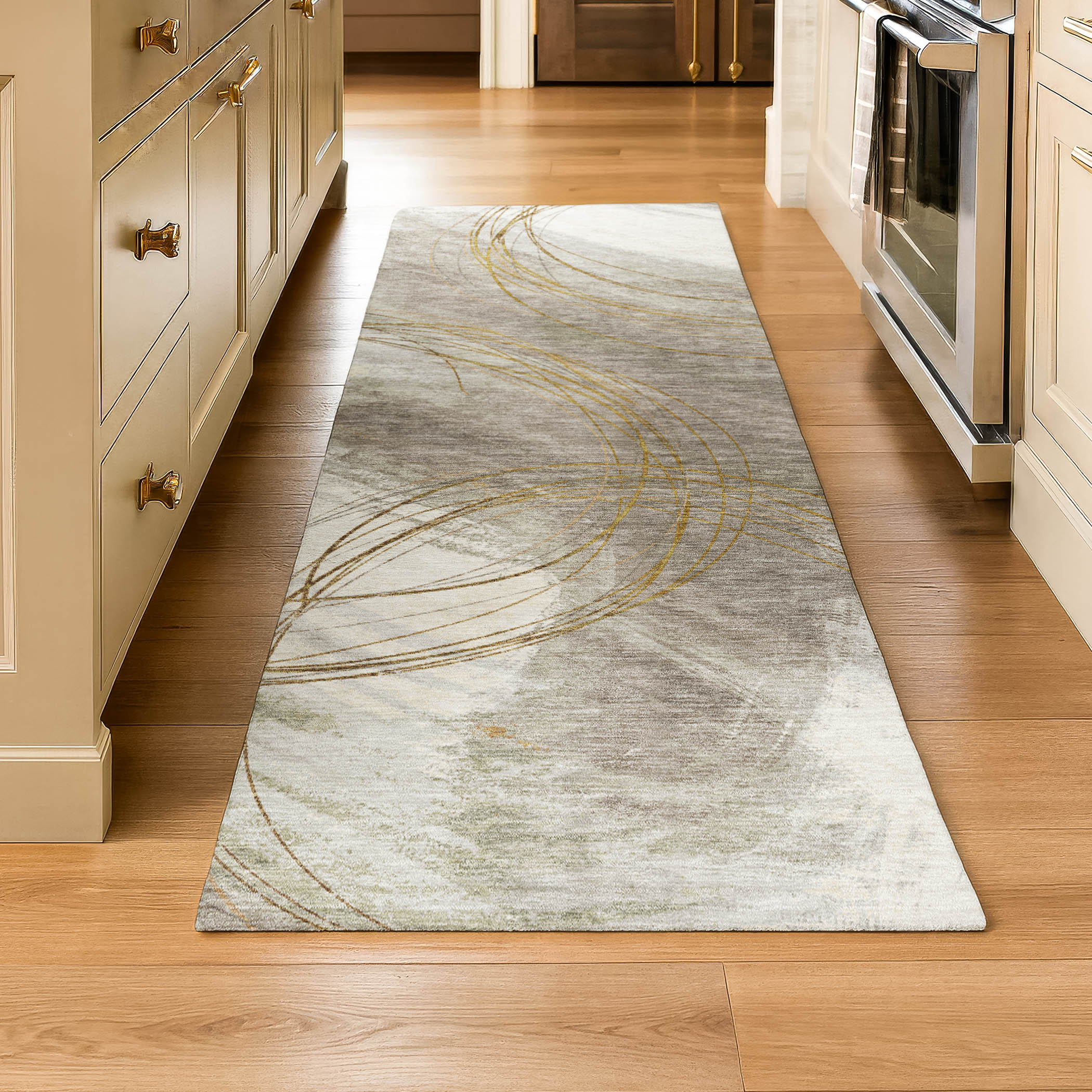 Istanbul Machine Washable Transitional Khaki Brown Rug 2'3" x 7'6" #shape_Runner