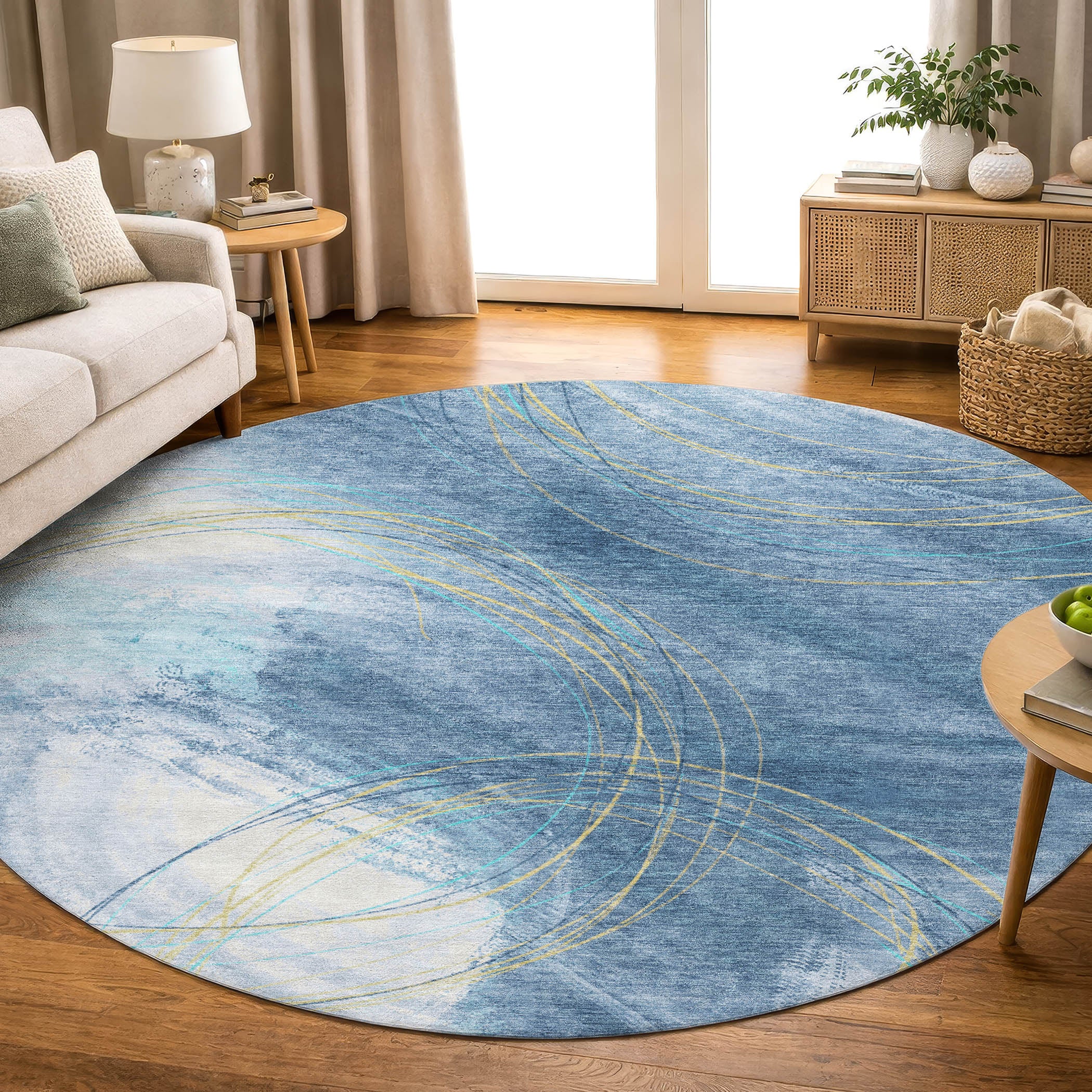 Istanbul Machine Washable Transitional Sky Blue Rug 8' x 8' #shape_Round