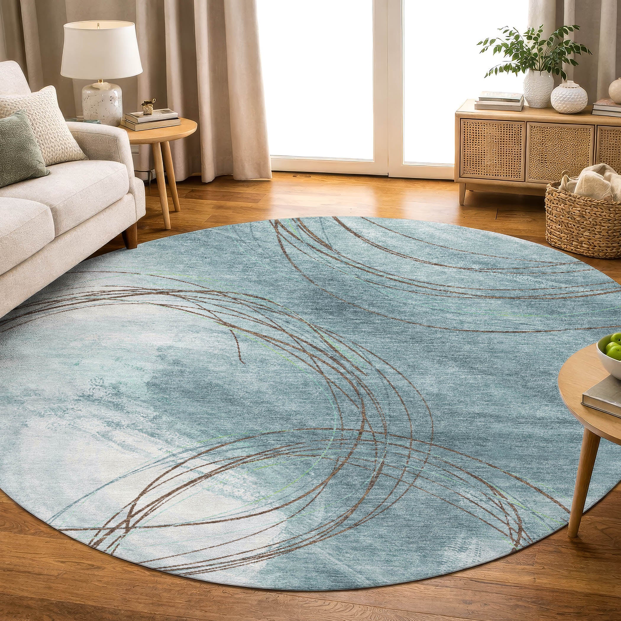 Istanbul Machine Washable Transitional Teal Rug 8' x 8' #shape_Round
