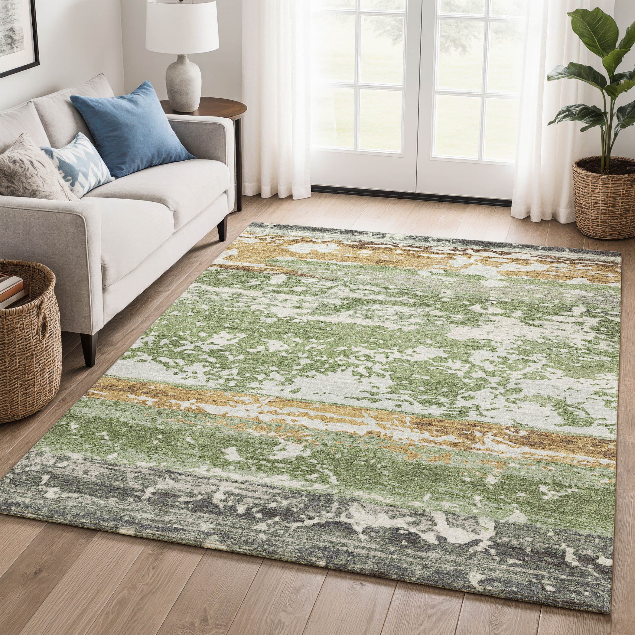 Oaxaca Machine Washable Transitional Aloe Green Rug 3' x 5' #shape_Rectangle
