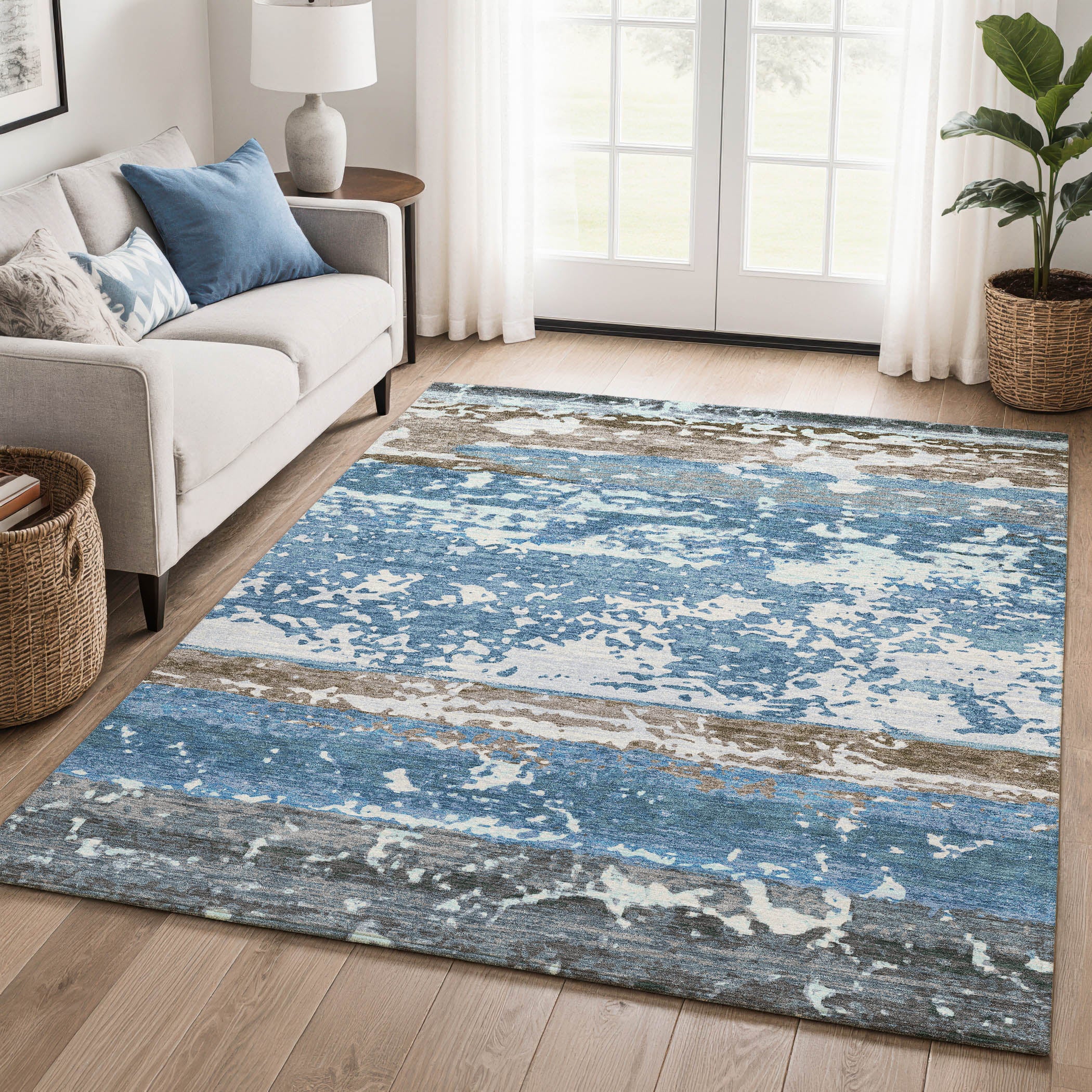 Oaxaca Machine Washable Transitional Blue Rug 3' x 5' #shape_Rectangle