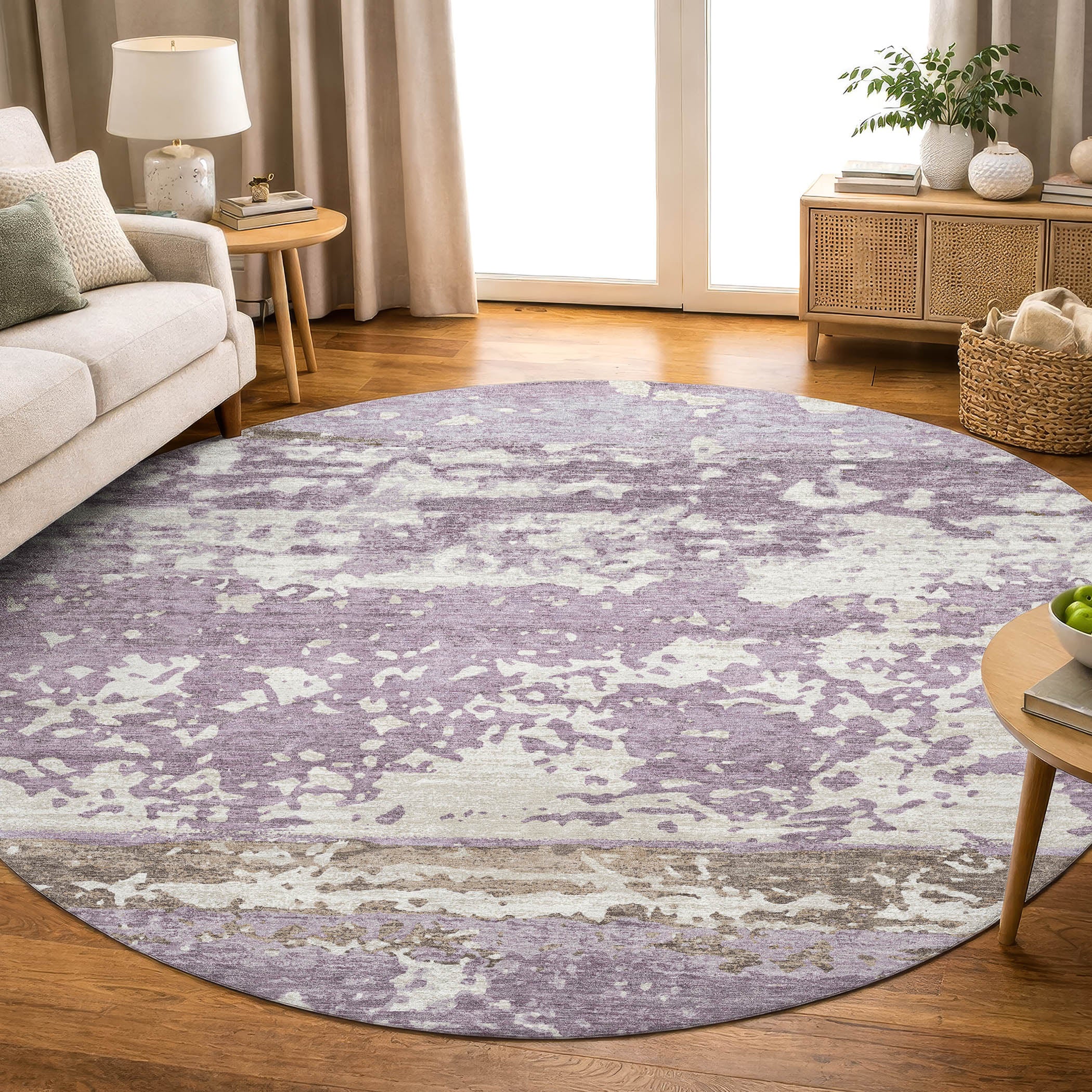 Oaxaca Machine Washable Transitional Lavender Purple Rug 8' x 8' #shape_Round