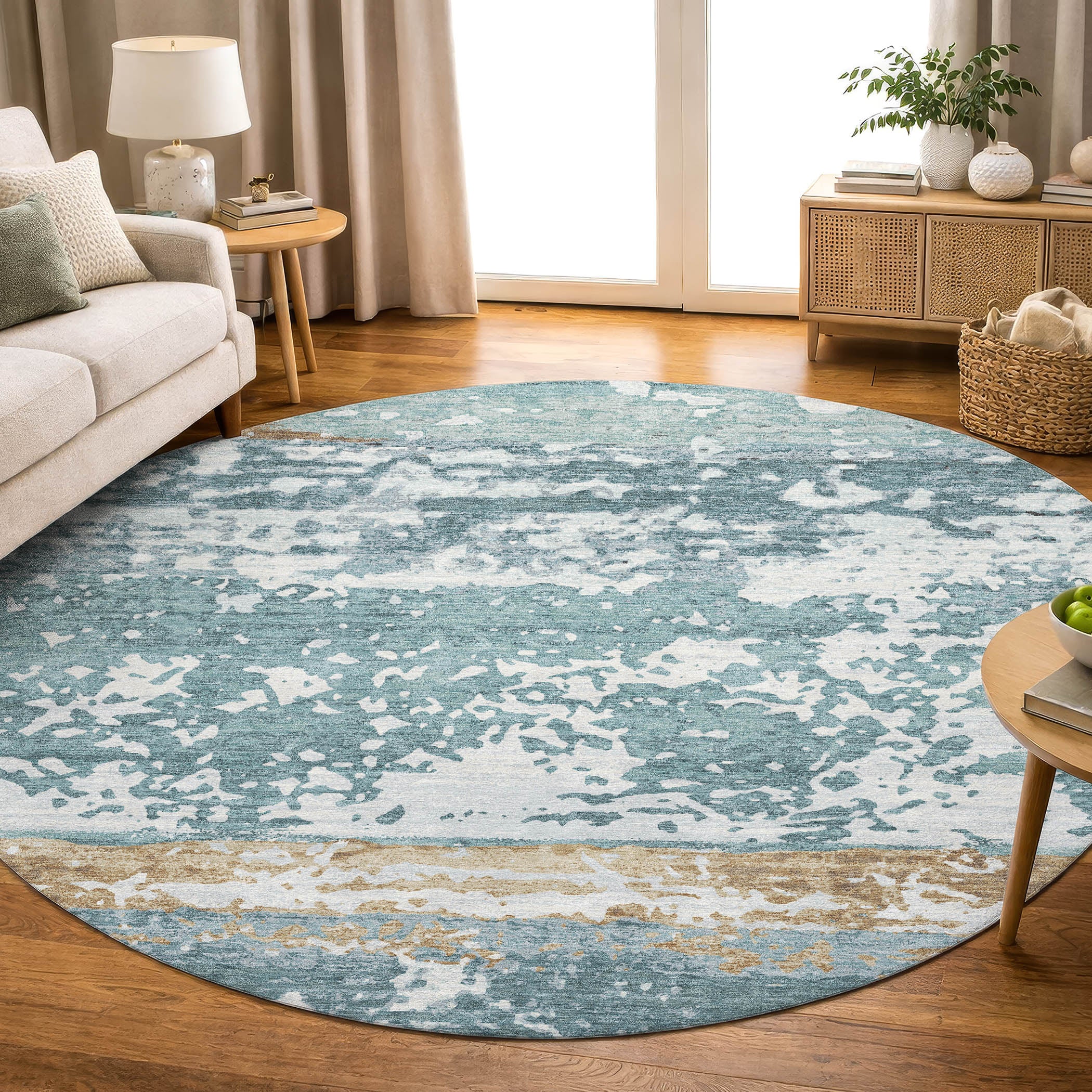 Oaxaca Machine Washable Transitional Teal Rug 8' x 8' #shape_Round