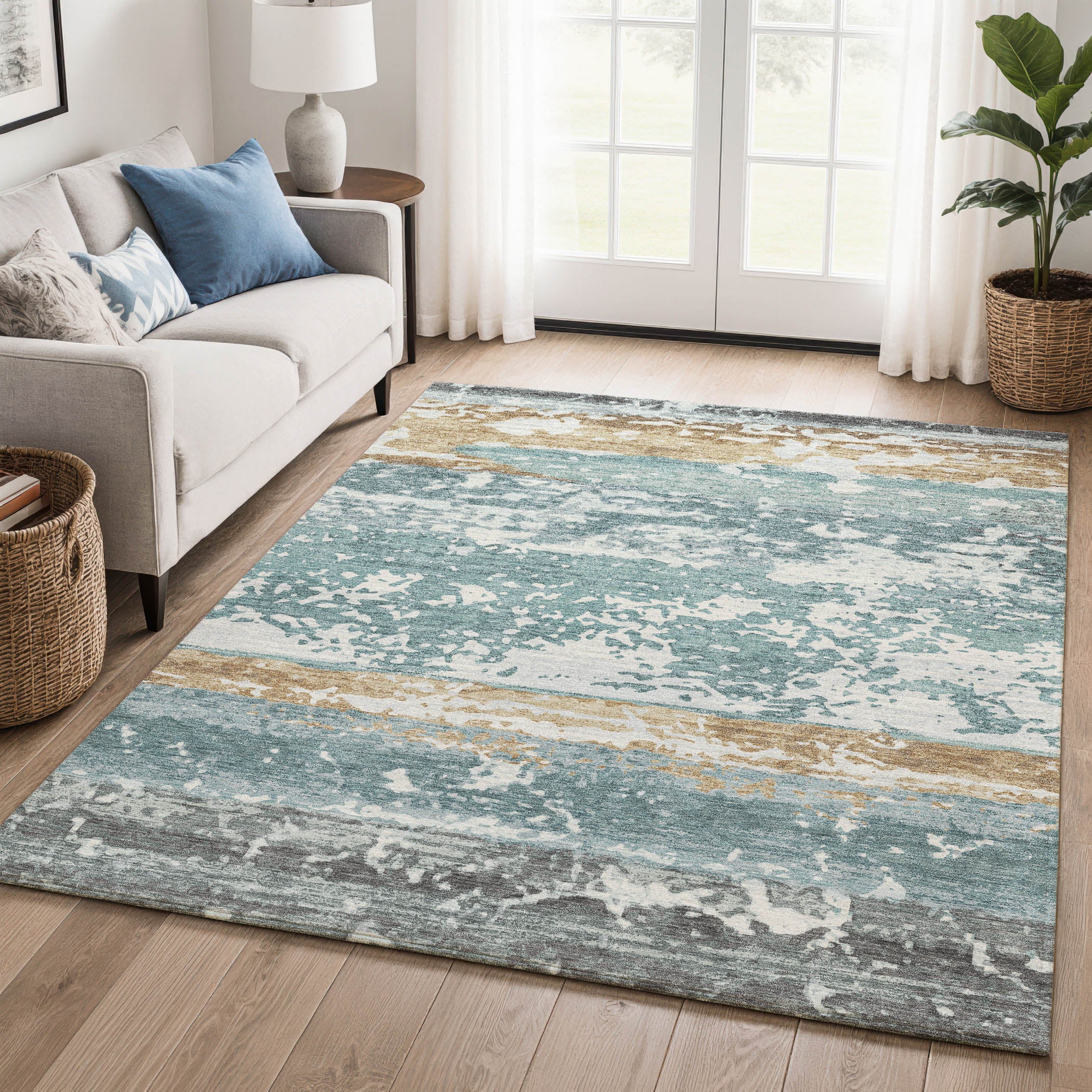 Oaxaca Machine Washable Transitional Teal Rug 3' x 5' #shape_Rectangle
