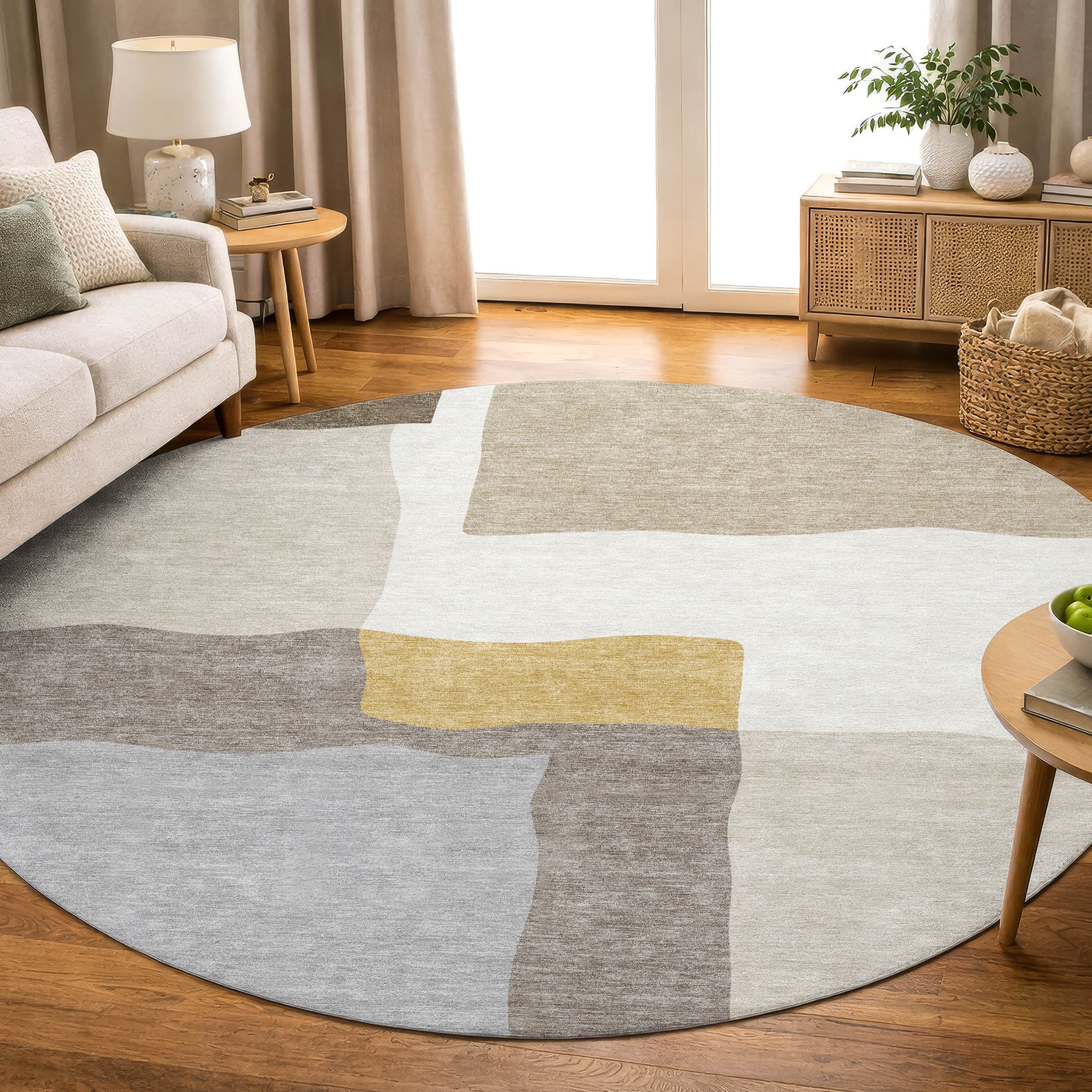 Vienna Machine Washable Transitional Beige Brown Rug 8' x 8' #shape_Round