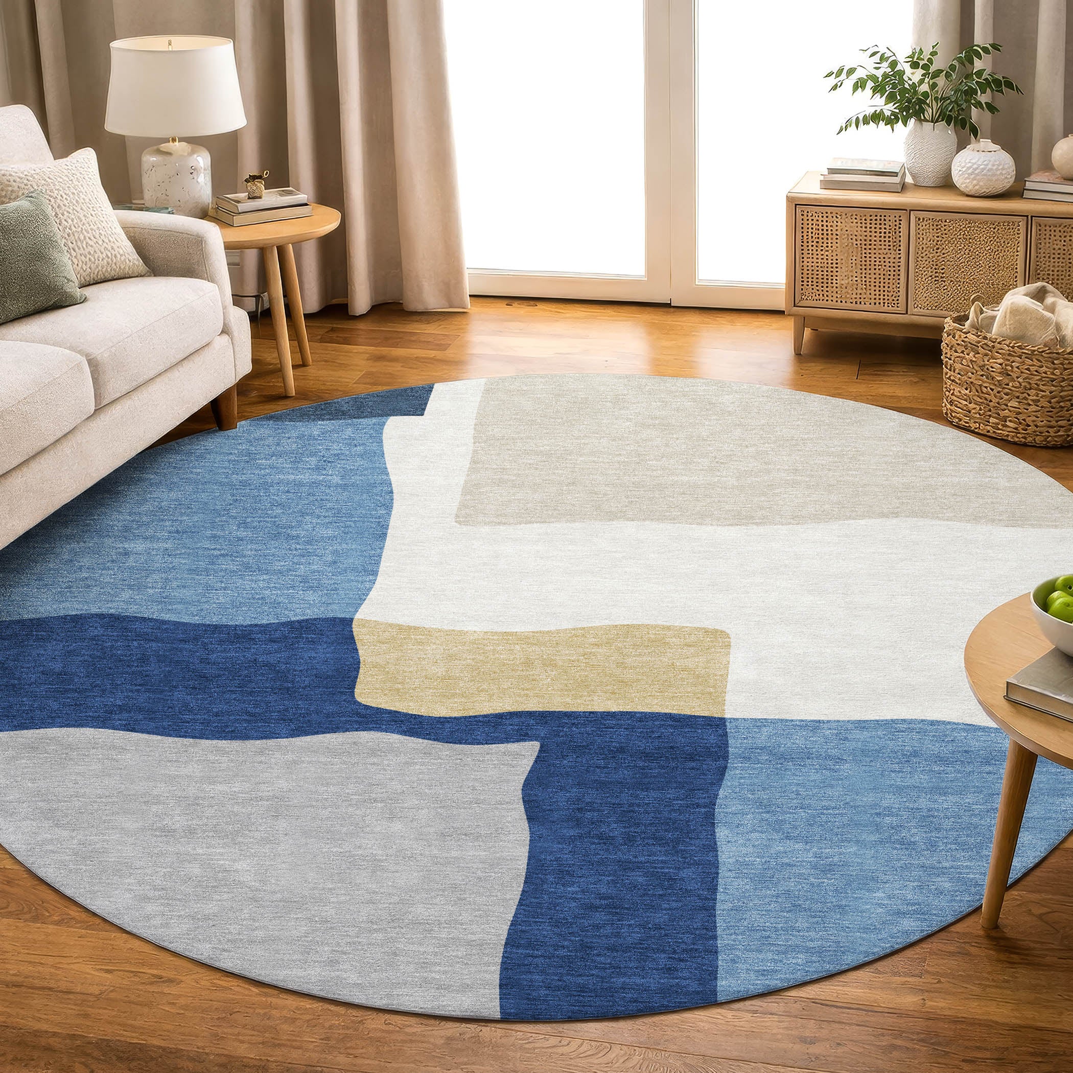 Vienna Machine Washable Transitional Blue Rug 8' x 8' #shape_Round