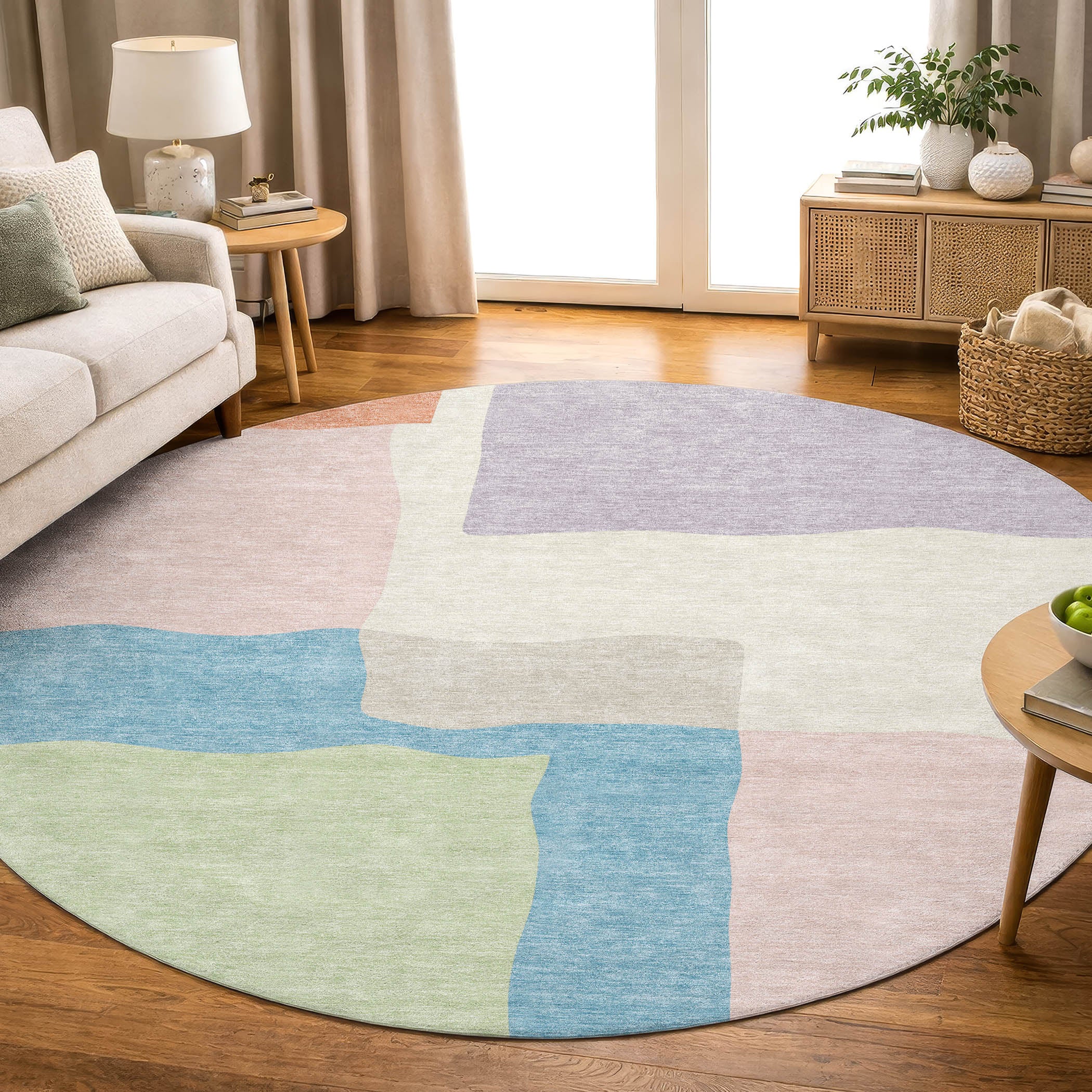 Vienna Machine Washable Transitional Pink Rug 8' x 8' #shape_Round