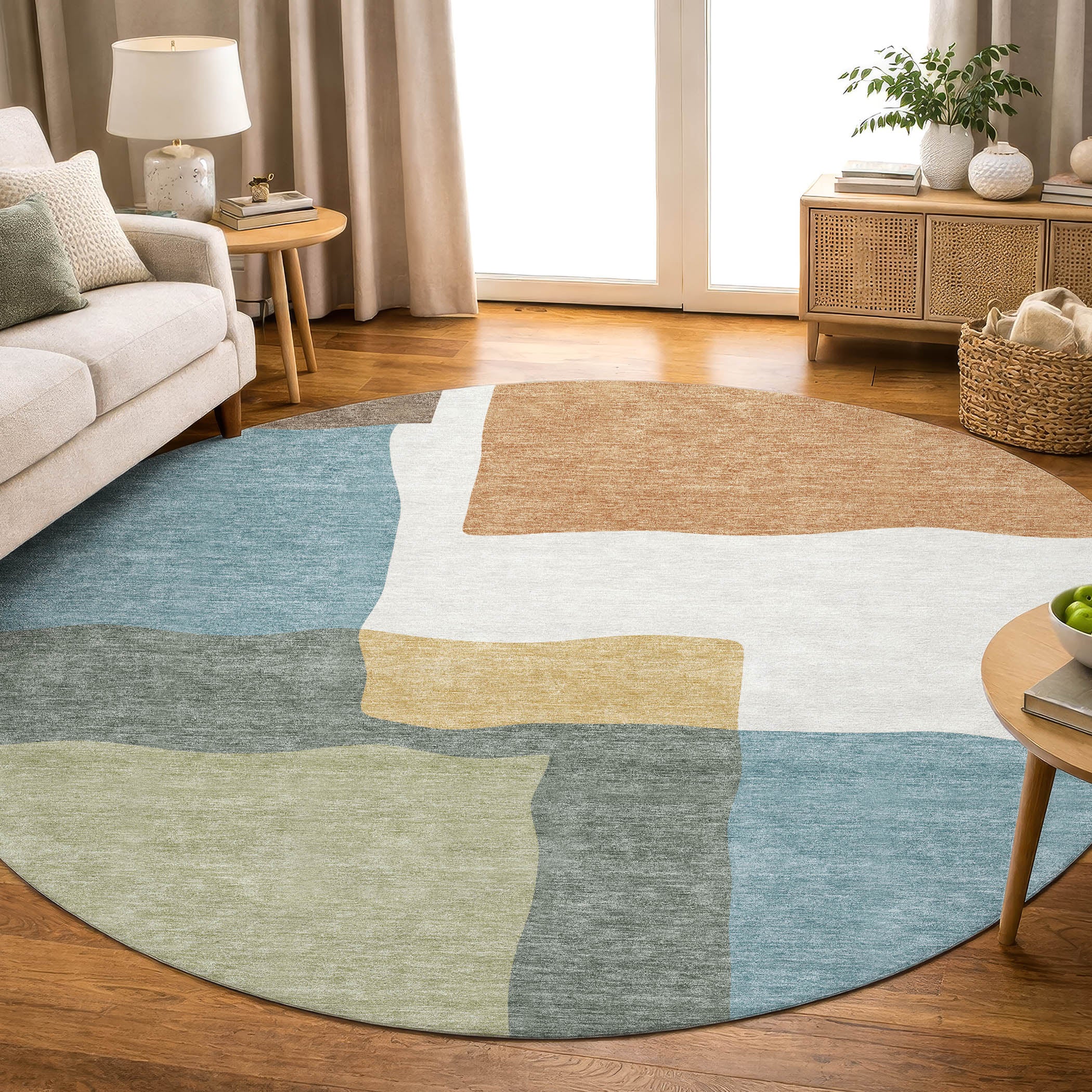 Vienna Machine Washable Transitional Seafoam Blue Rug 8' x 8' #shape_Round
