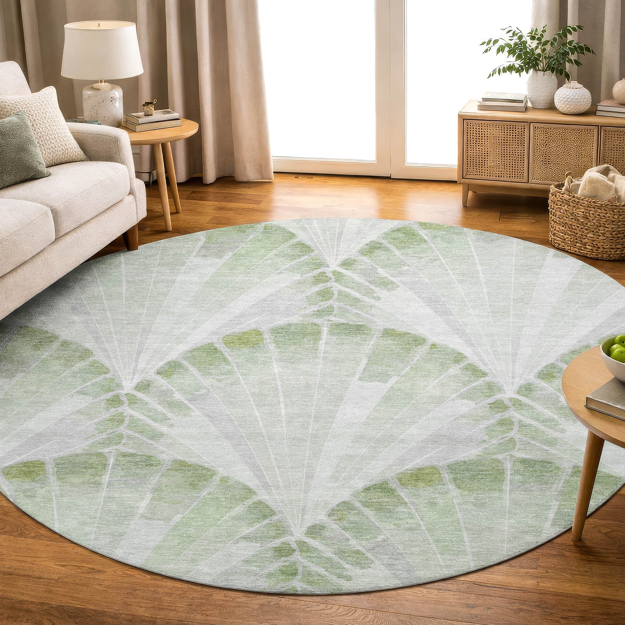 Chiang Mai Machine Washable Transitional Aloe Green Rug 8' x 8' #shape_Round