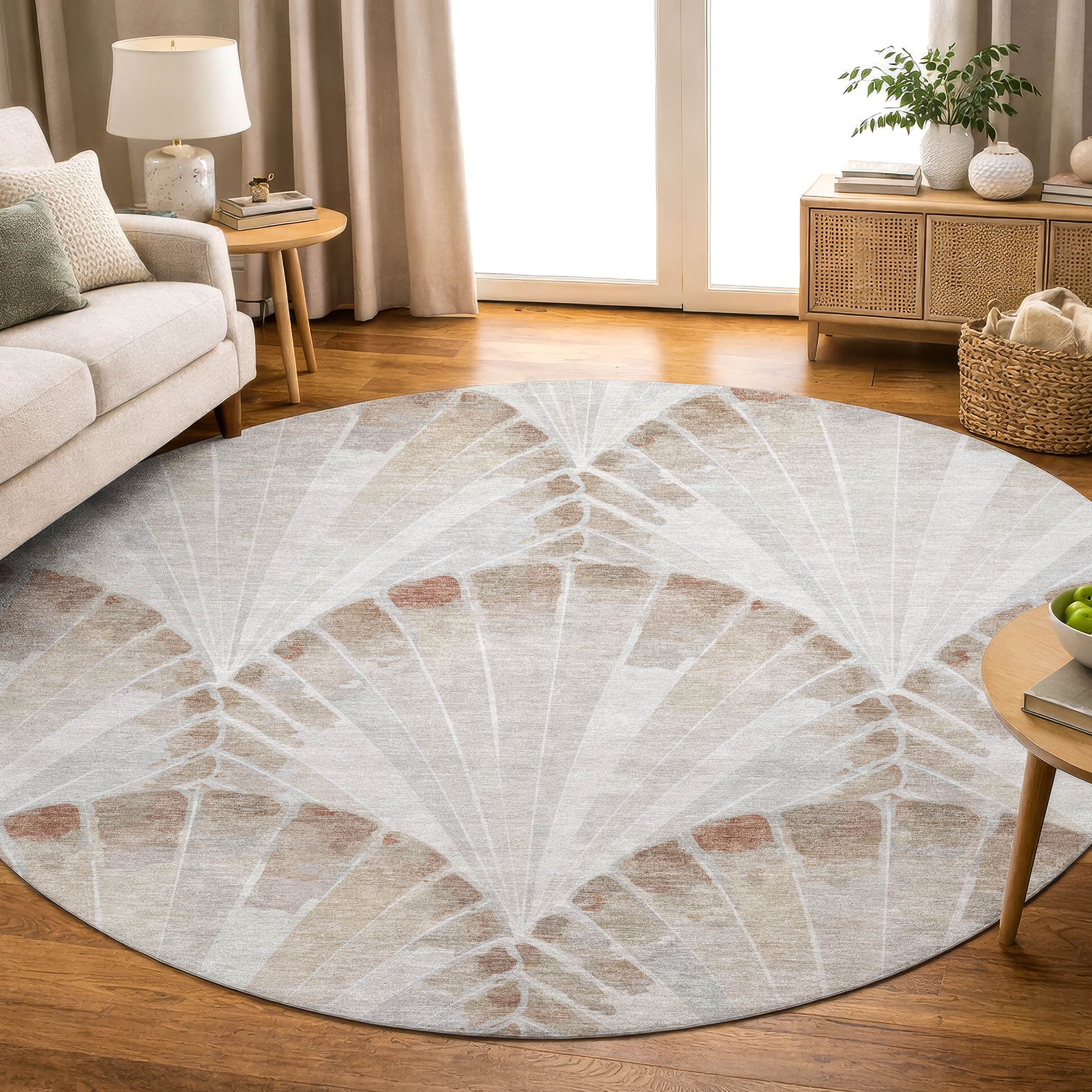 Chiang Mai Machine Washable Transitional Beige Brown Rug 8' x 8' #shape_Round