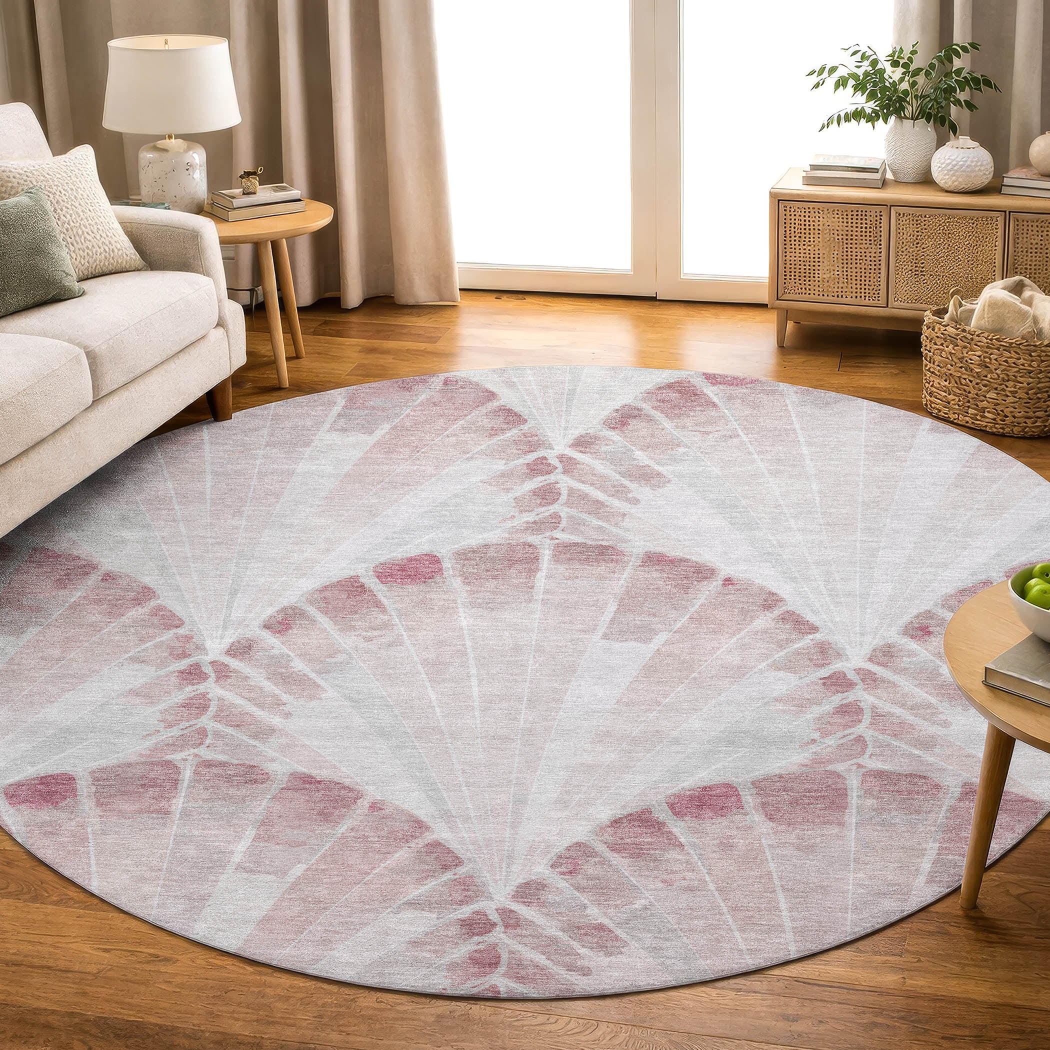 Chiang Mai Machine Washable Transitional Blush Pink Rug 8' x 8' #shape_Round