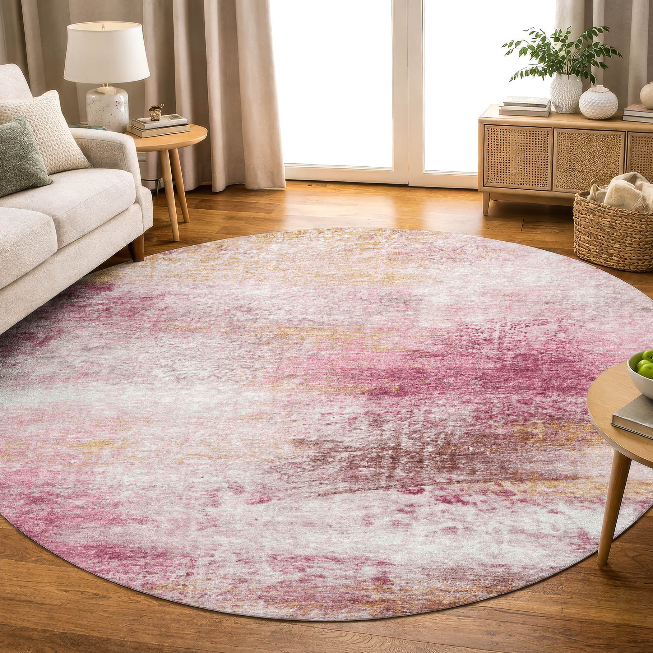 Salzburg Machine Washable Transitional Blush Pink Rug 8' x 8' #shape_Round
