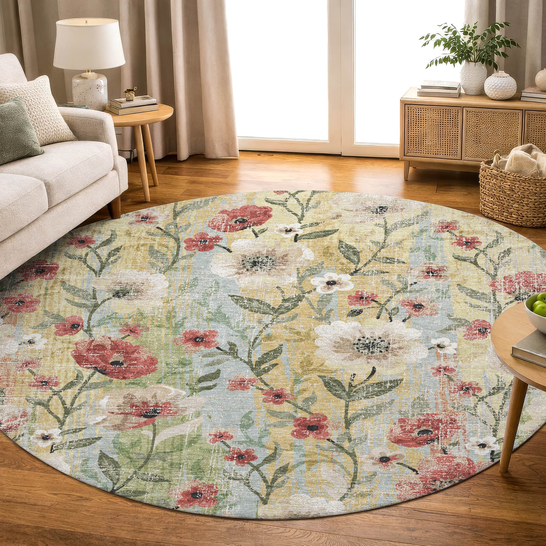 Florence Machine Washable Transitional Tan Brown Rug 8' x 8' #shape_Round