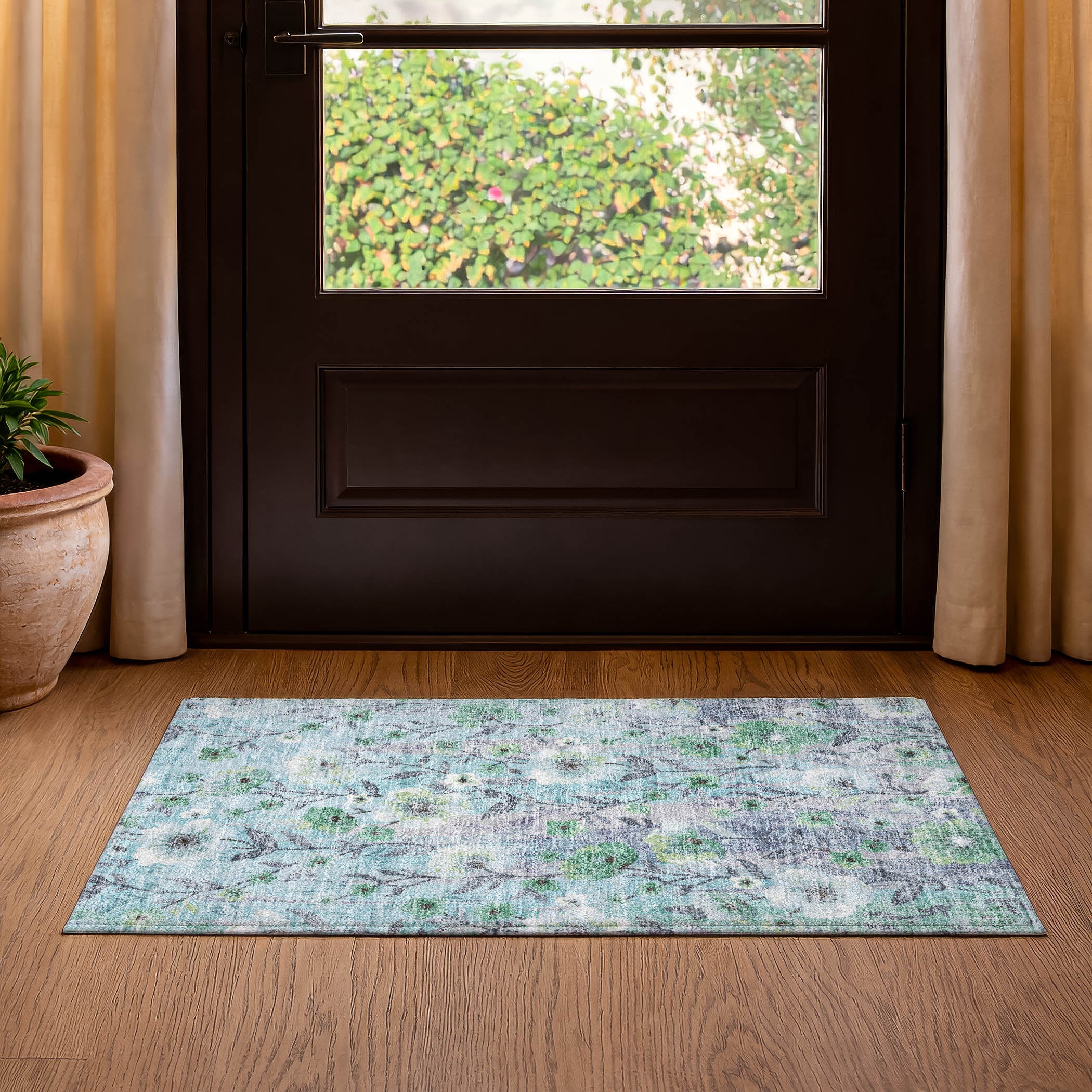 Florence Machine Washable Transitional Teal Rug 1'8" x 2'6" #shape_Rectangle