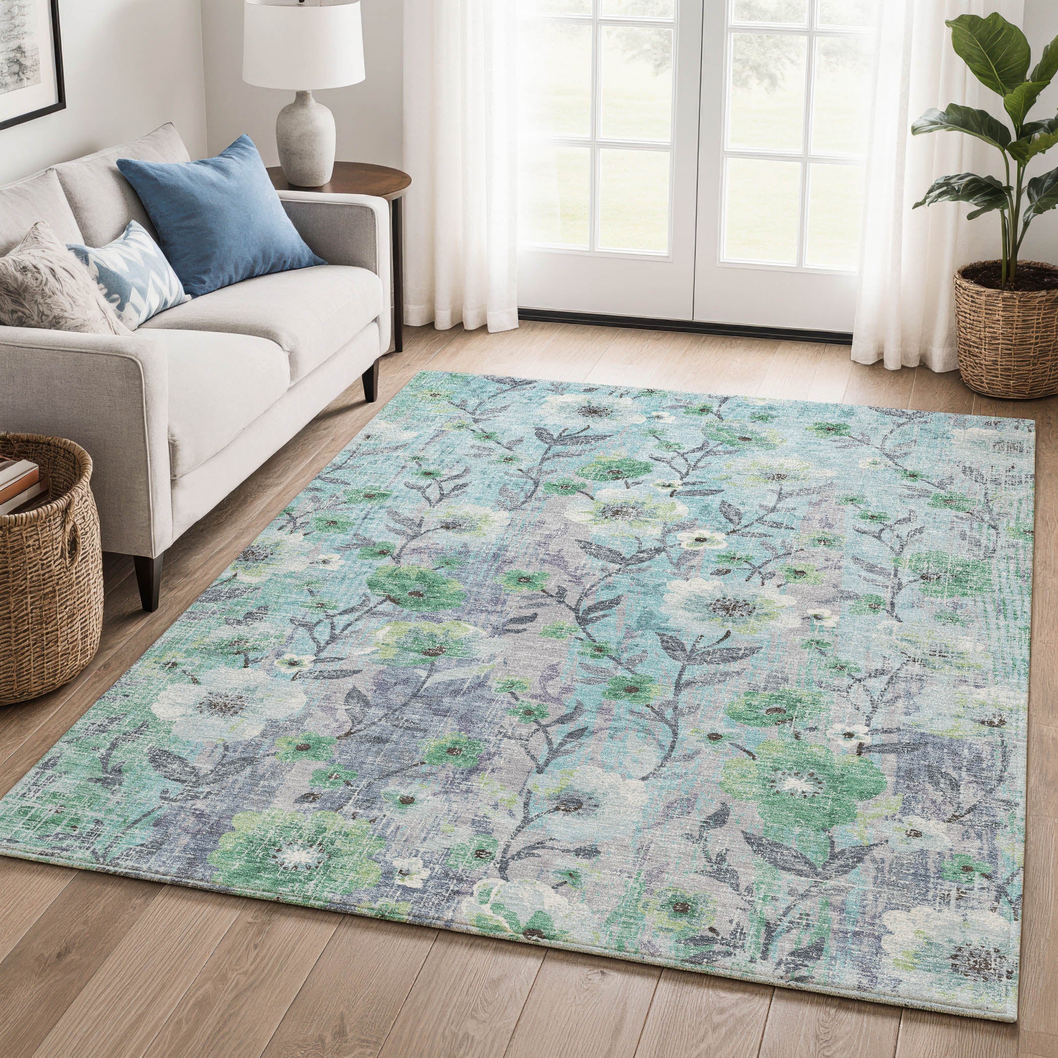 Florence Machine Washable Transitional Teal Rug 3' x 5' #shape_Rectangle
